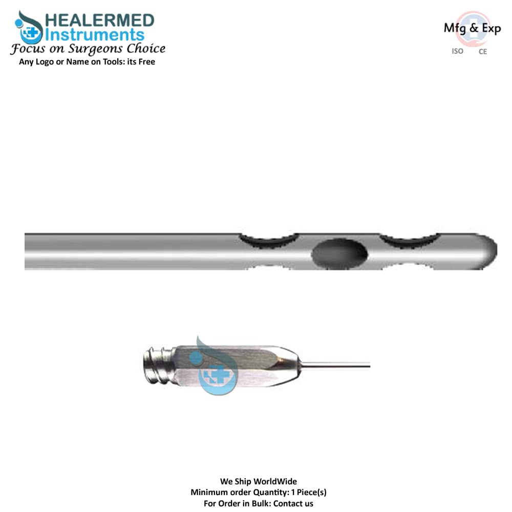 Two Parallel upper one central and two parallel lower holes cannula stainless steel luer lock
