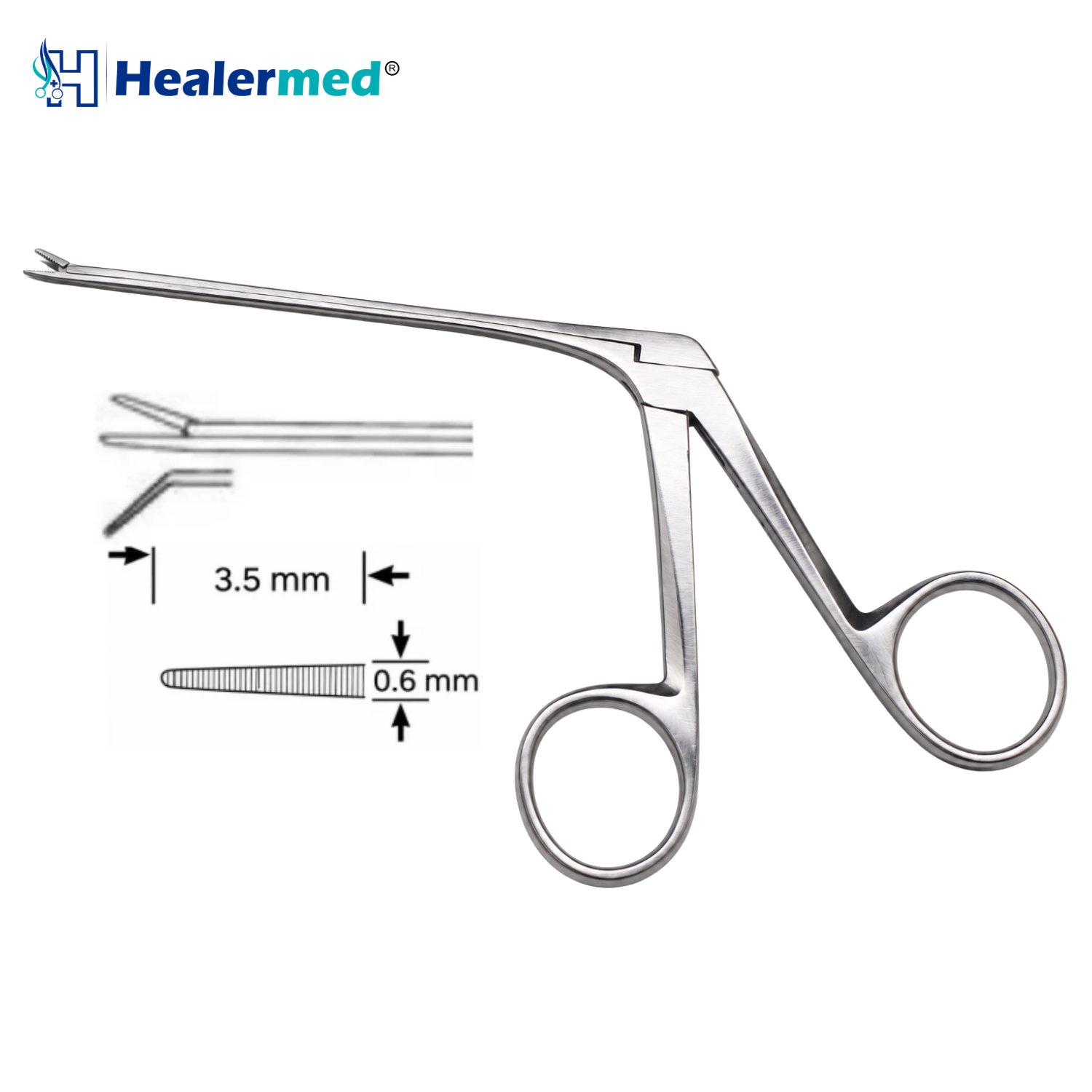 Angled Left Serrated micro ear forceps, 3.5 x 0.6mm tip, 8cm