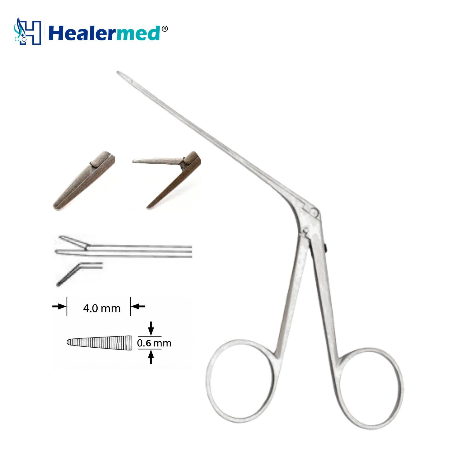 Angled Left Serrated micro ear forceps, 4 x 0.6mm tip, 8cm