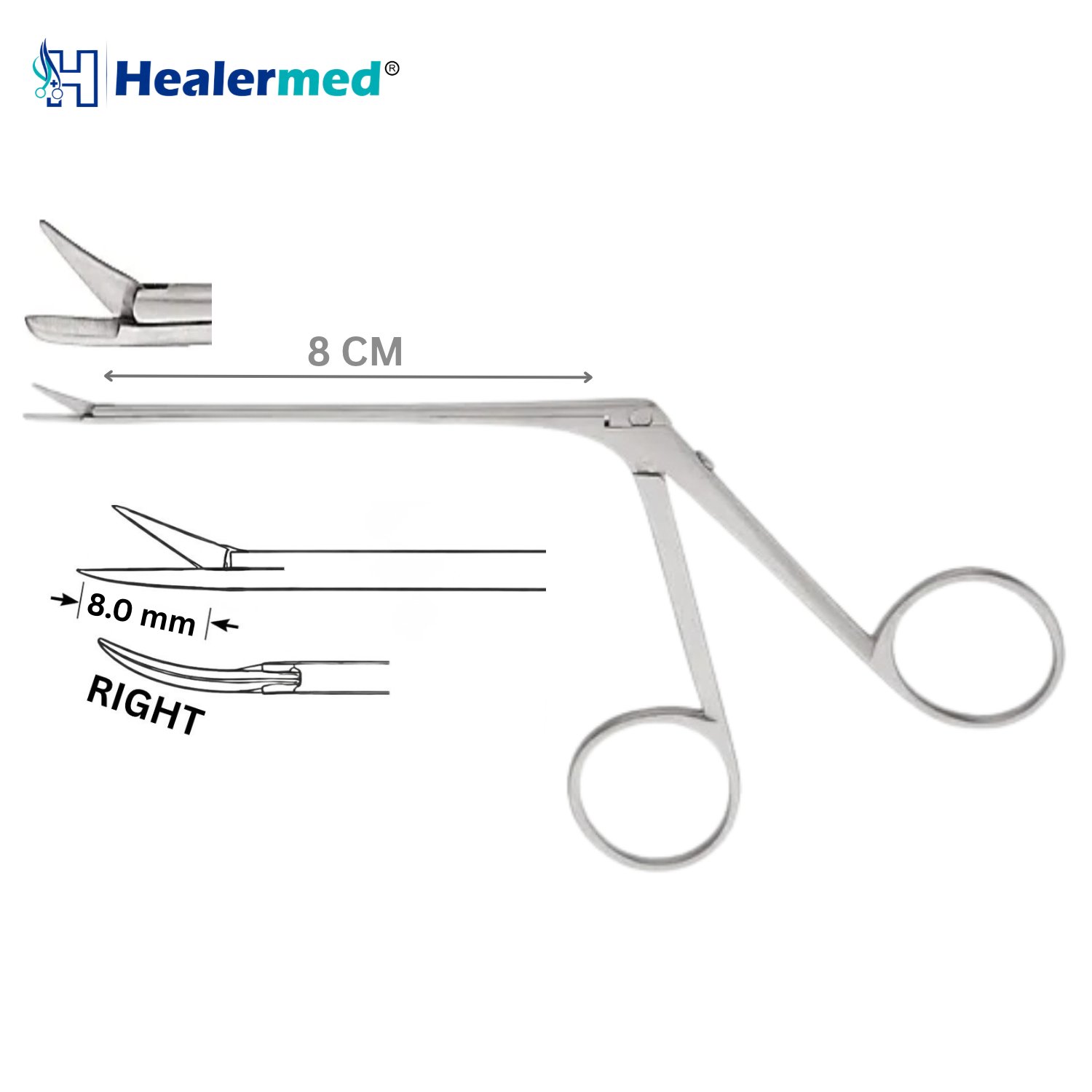 Shea-Bellucci micro ear scissors, bent right, 8mm blades, 8cm
