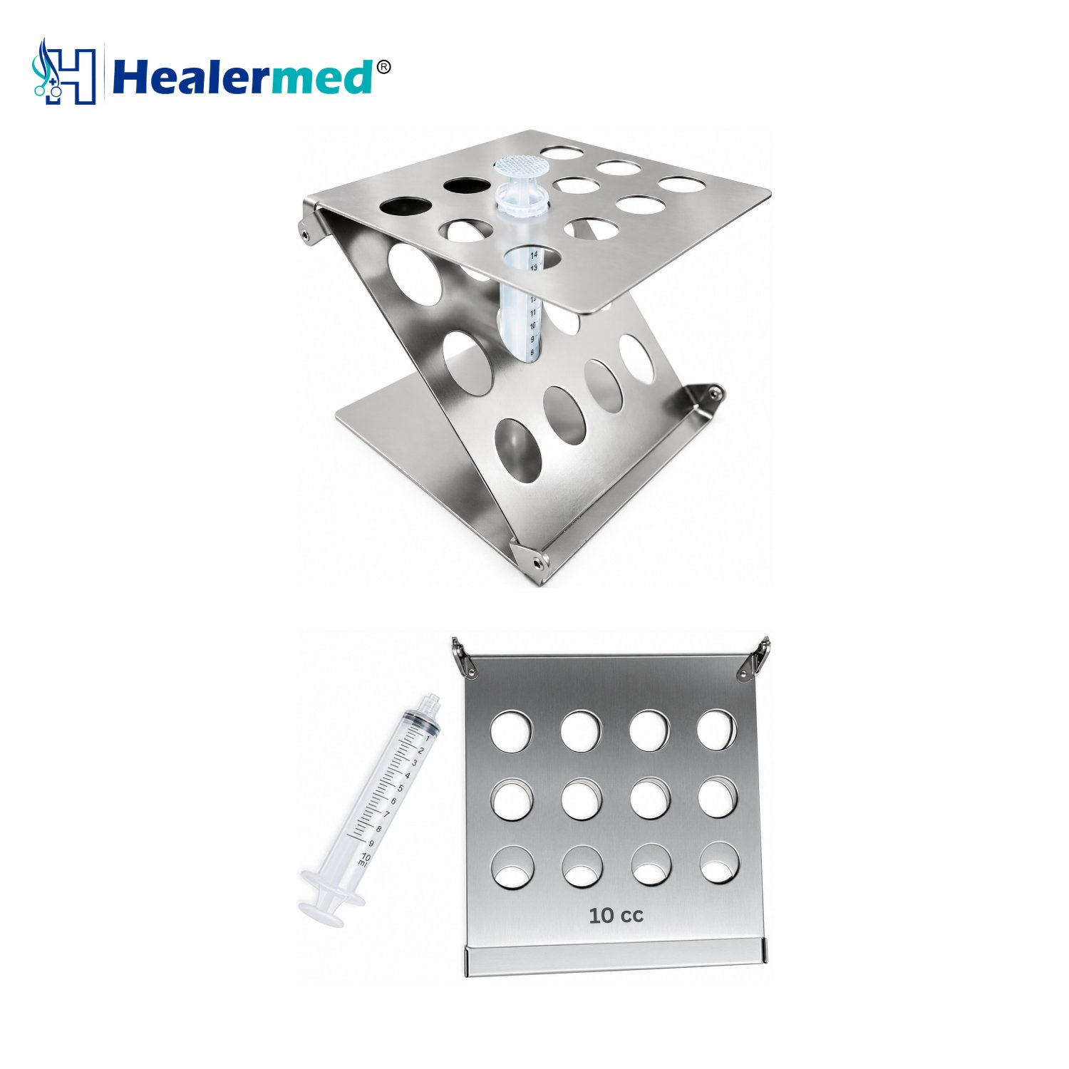 Foldable syringe stand with 12 ports for 10cc syringes, stainless steel