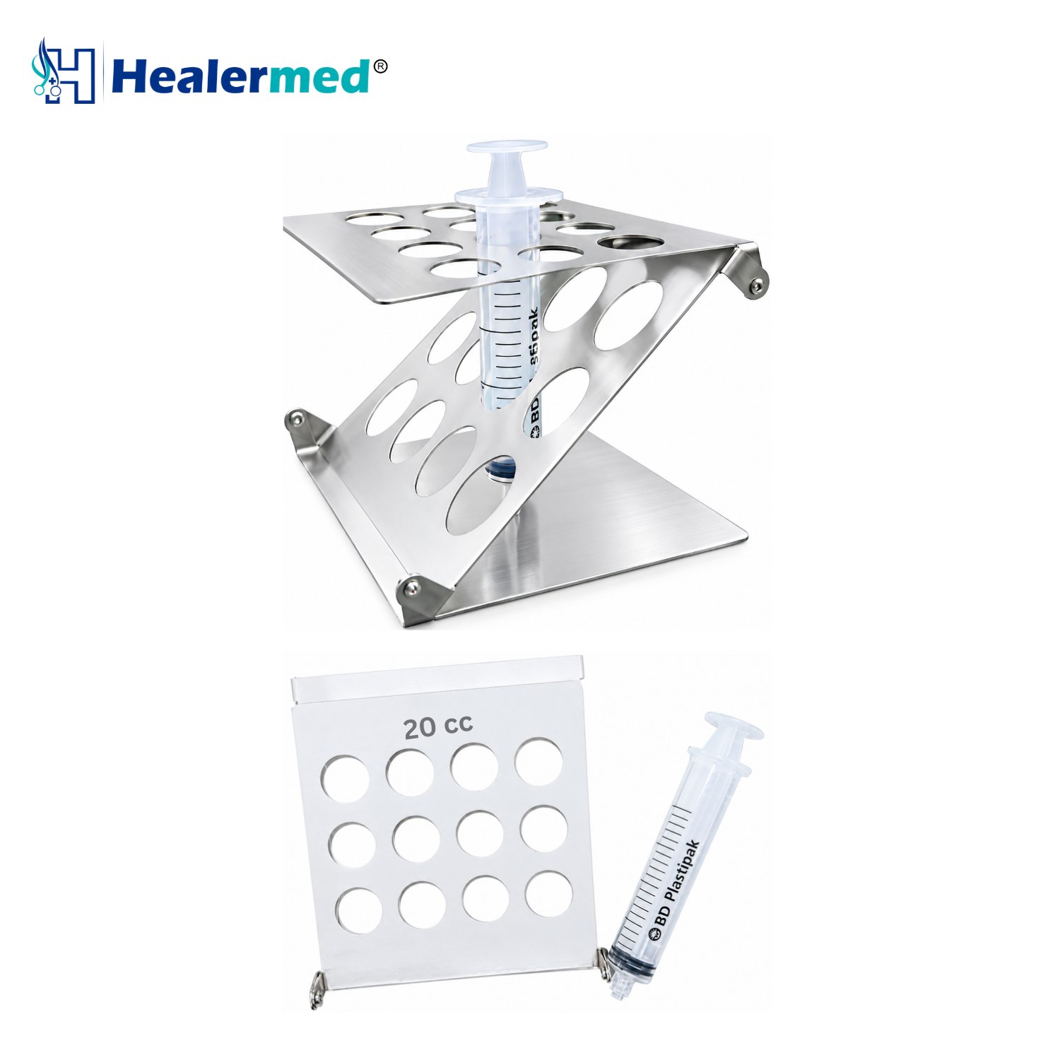 Foldable syringe stand with 12 ports for 20cc syringes, stainless steel
