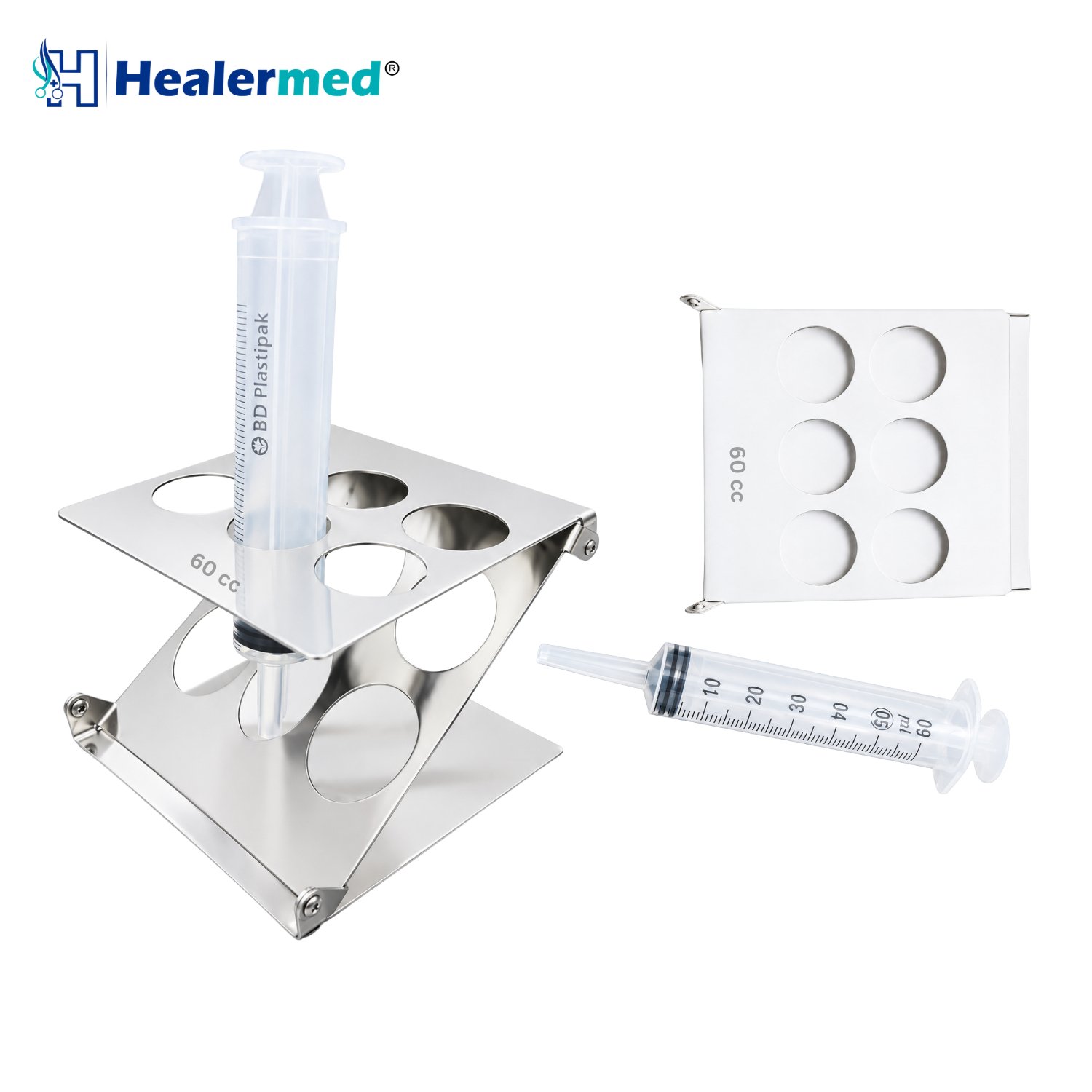 Foldable syringe stand with 6 ports for 60cc syringes, stainless steel