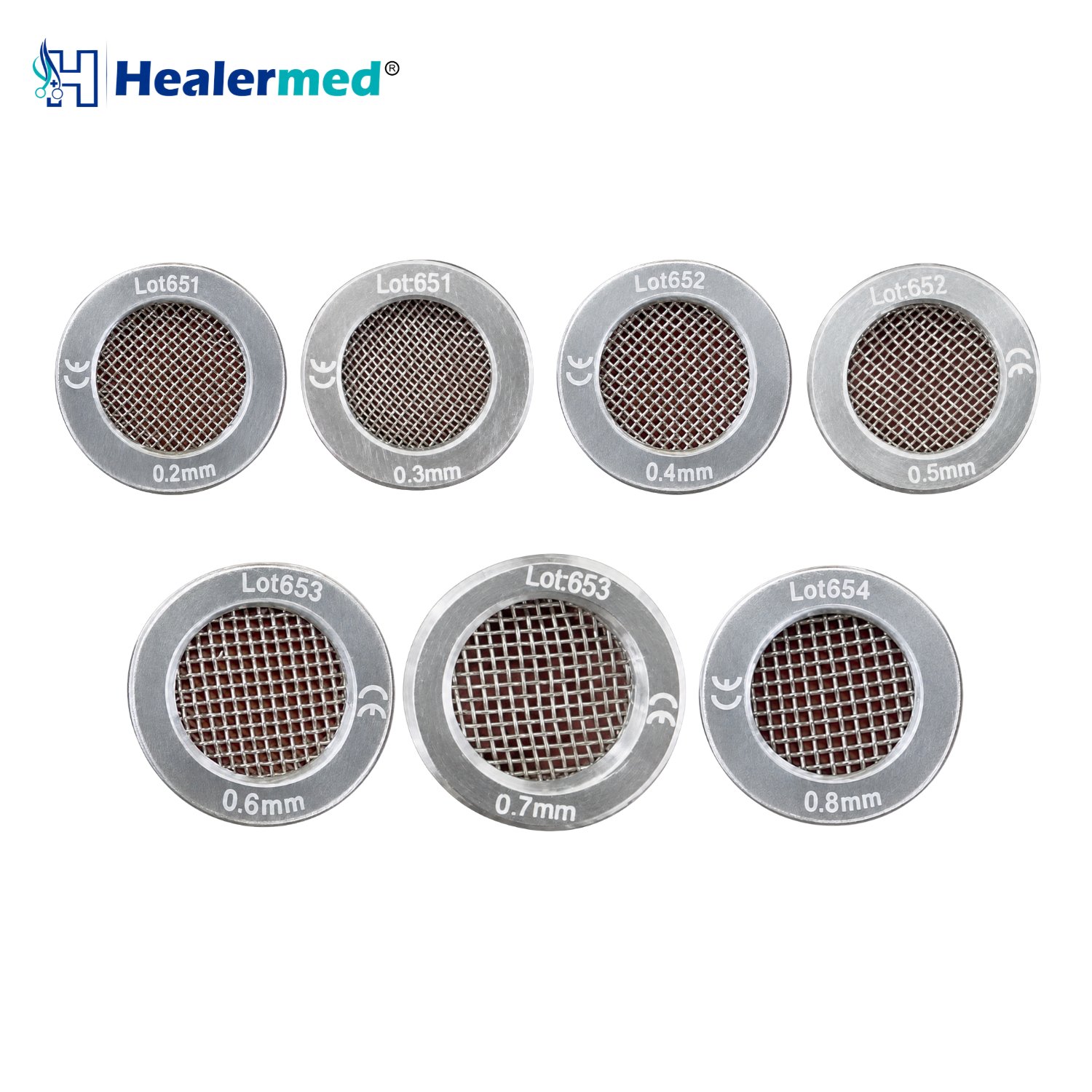 Mesh filters for nano fat transfer in seven grades from 0.2mm to 0.8mm, stainless steel