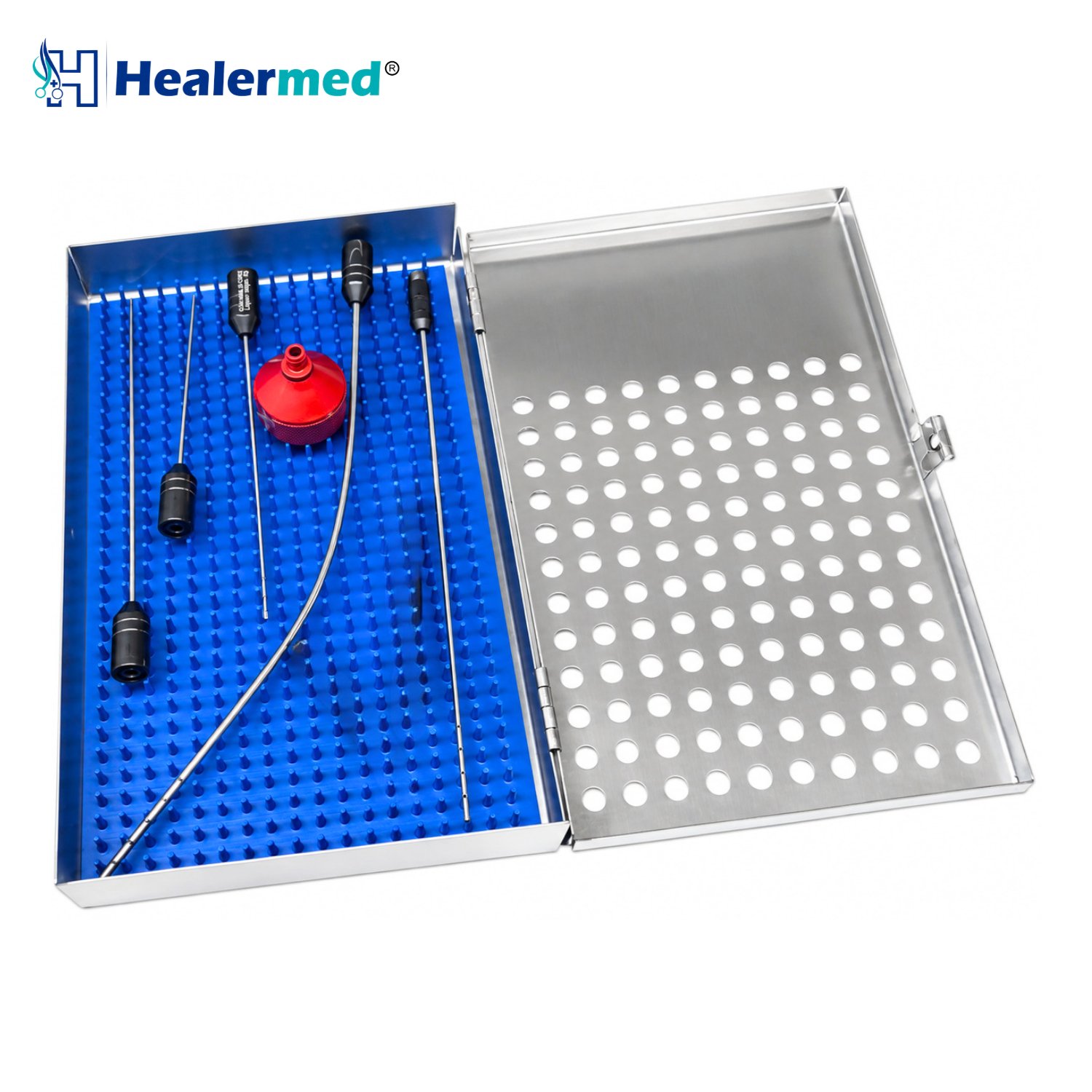 Sterilization storage box for 20 liposuction cannulas, 28 x 18 x 2.5cm, stainless steel