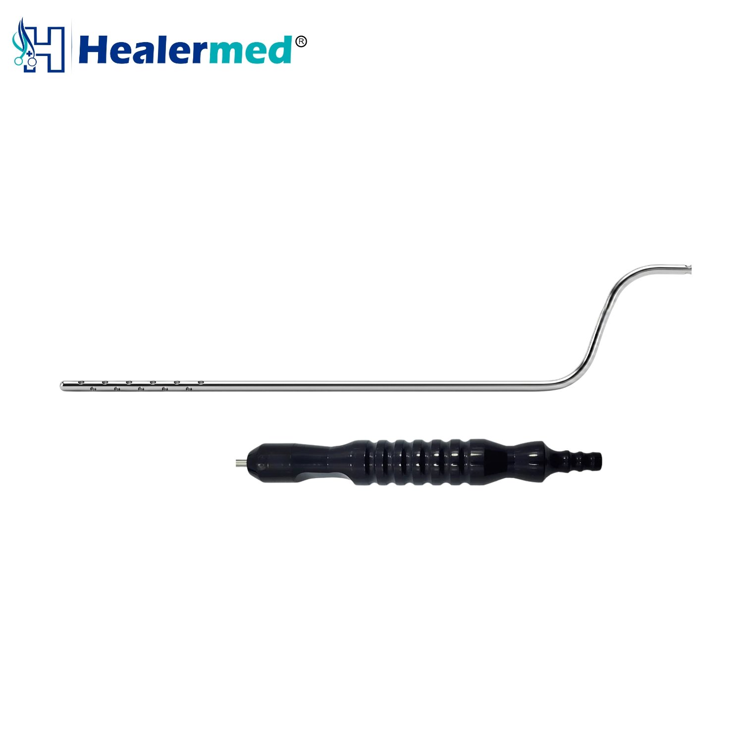 Bayonet tumescent infiltrator liposuction cannula featuring a premium surgical steel shaft and an ergonomic black fixed power handle.