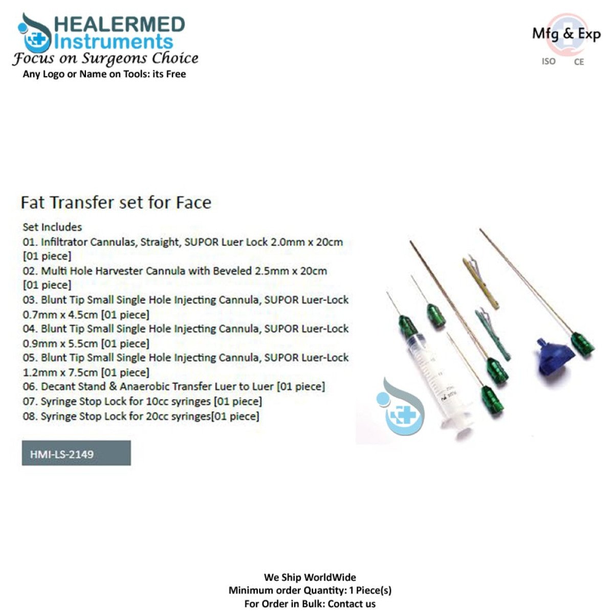 Fat Transfer set of Liposuction cannulas for Face