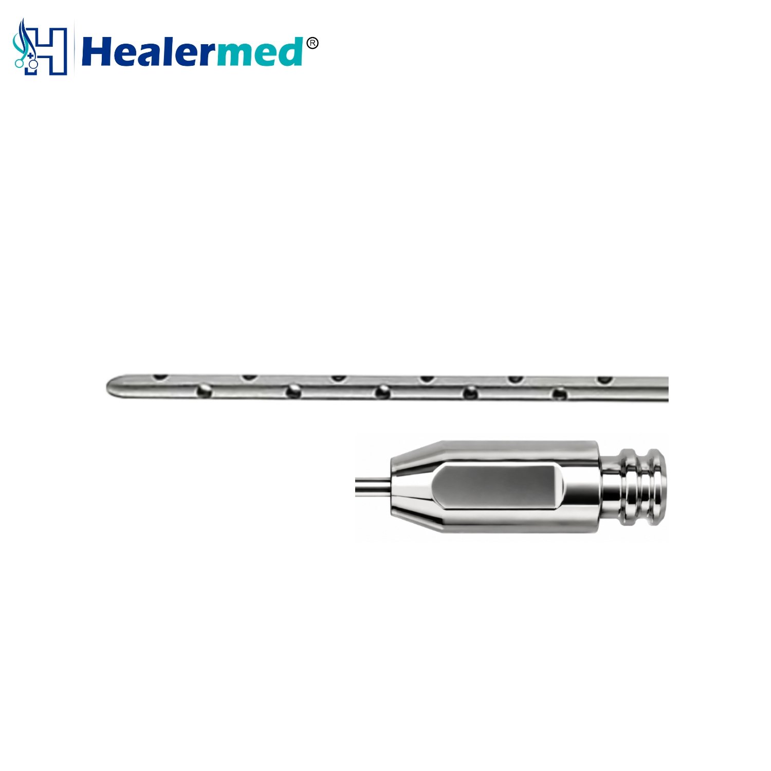 Reusable medical grade stainless steel tumescent infiltration liposuction cannula highlighting the integrated stainless steel female Luer Lock connection hub