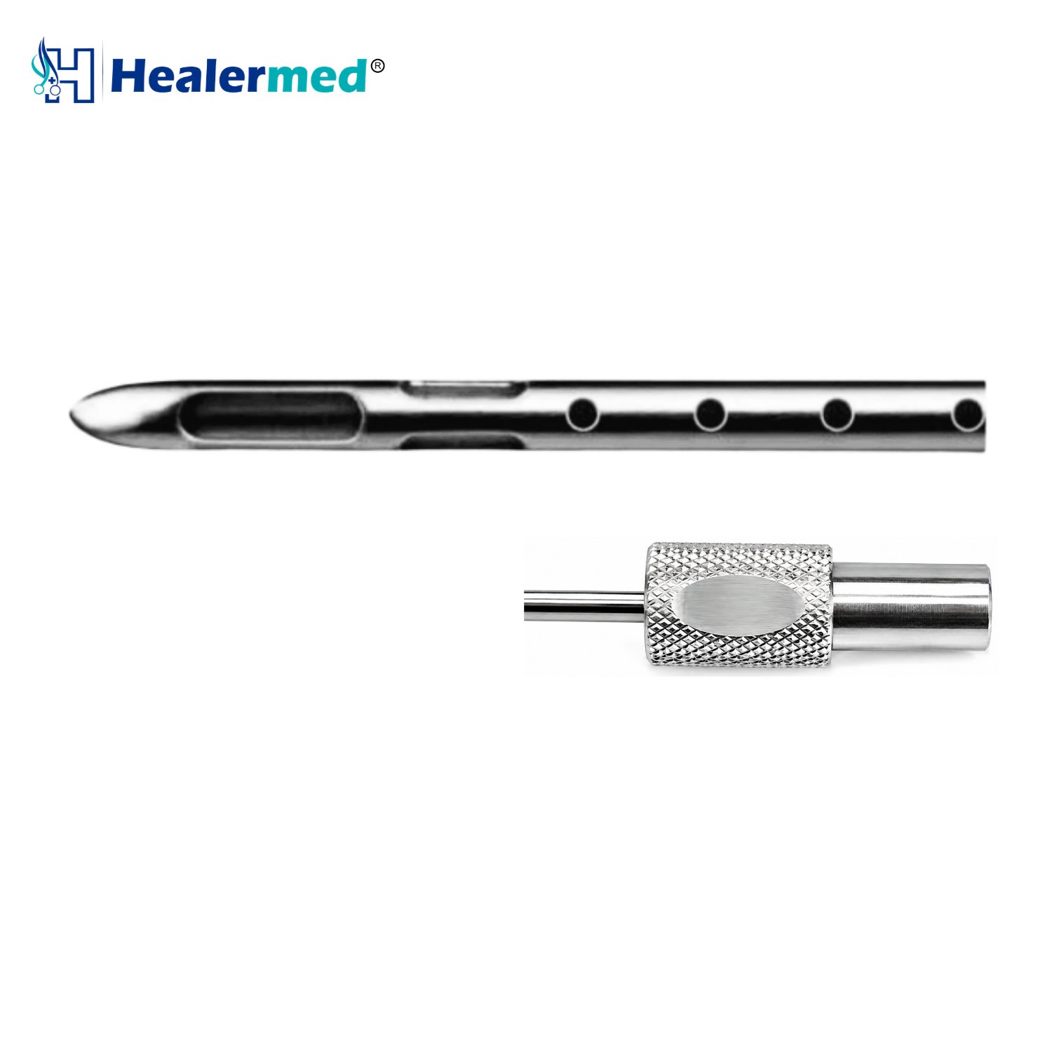 Stevens style liposuction cannula with long hole, Mercedes and 4 in-line round ports