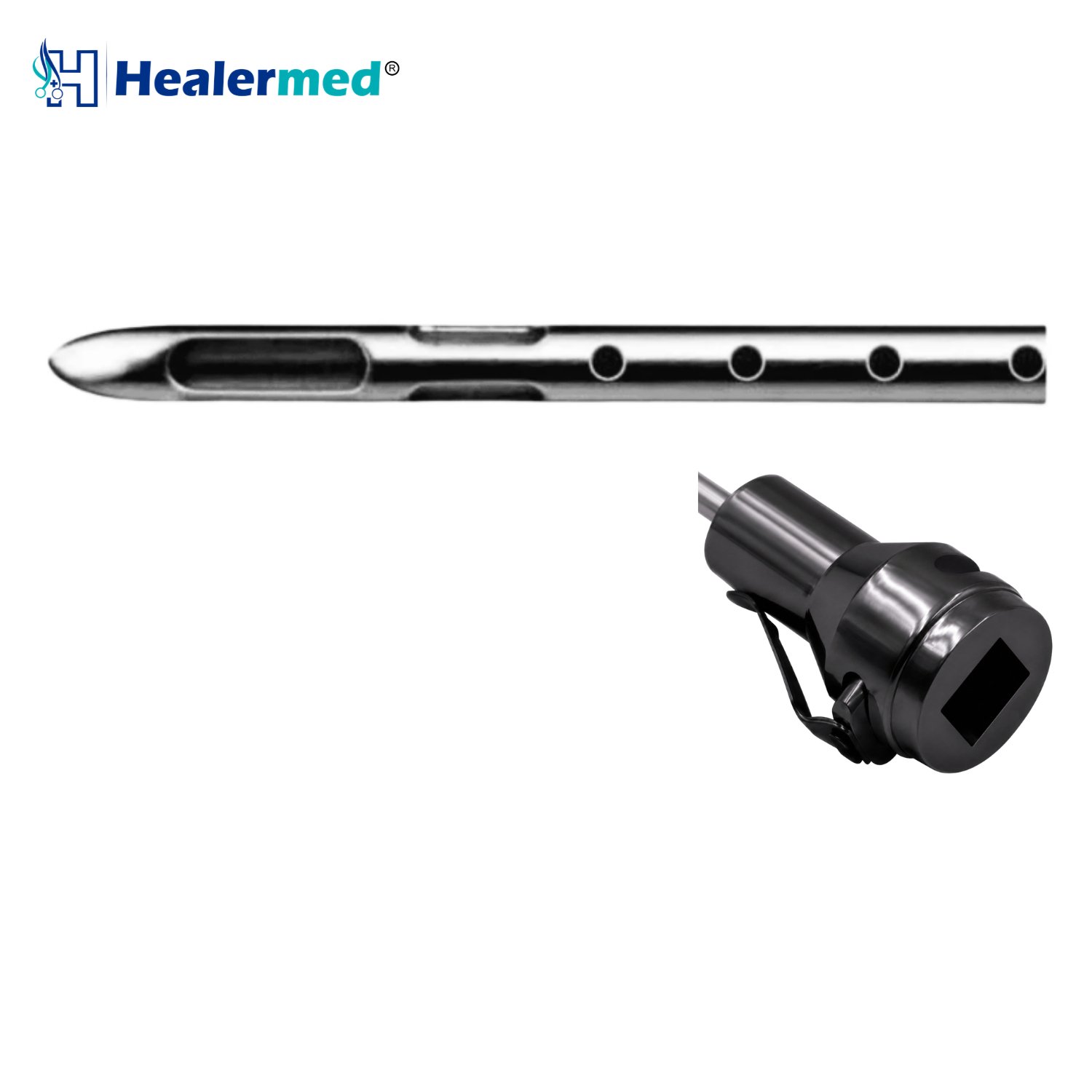Stevens style liposuction cannula with long hole, Mercedes and 4 in-line round ports