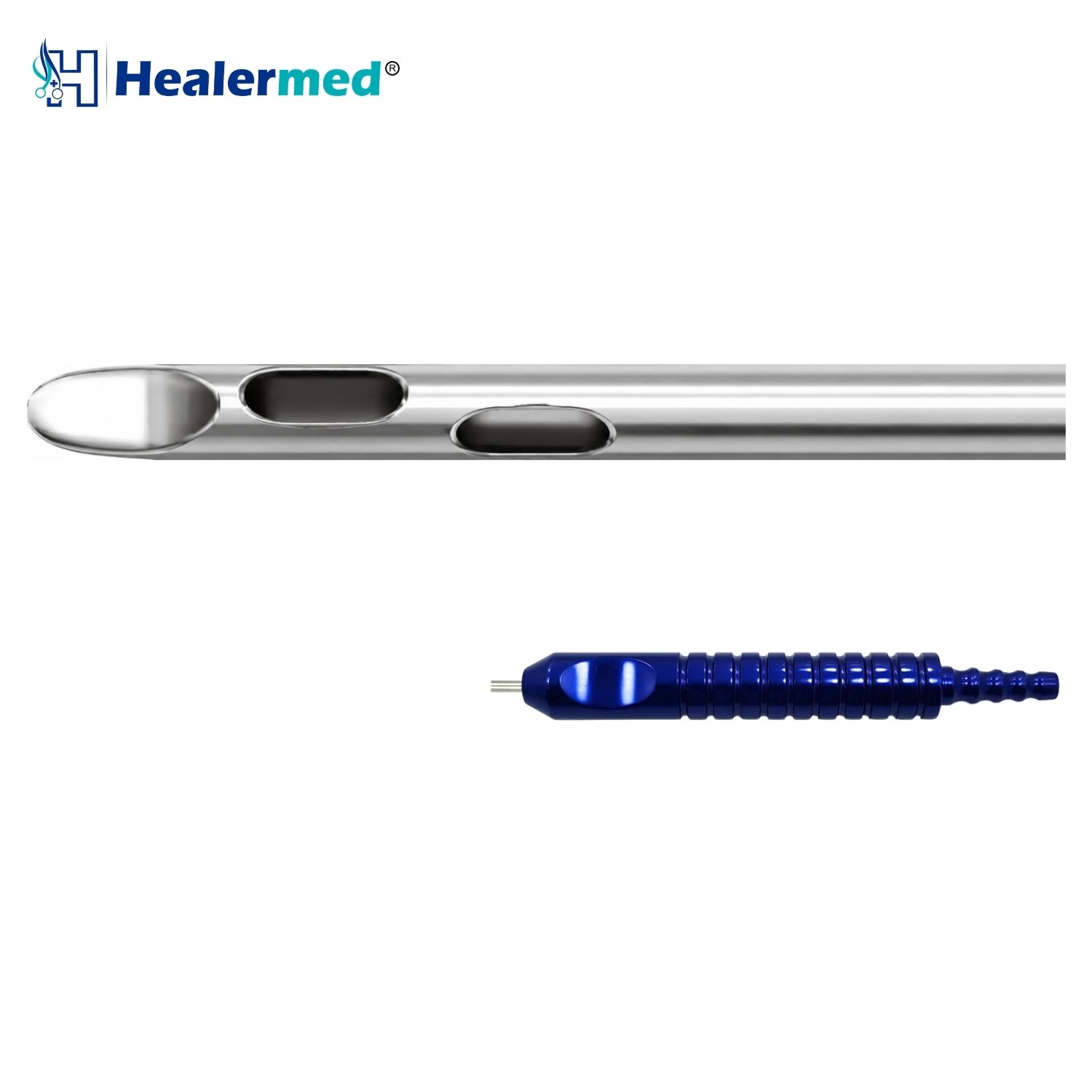 Tapered Tip Two Spiral Holes liposuction cannula with Grooved Power Handle hub, German stainless steel