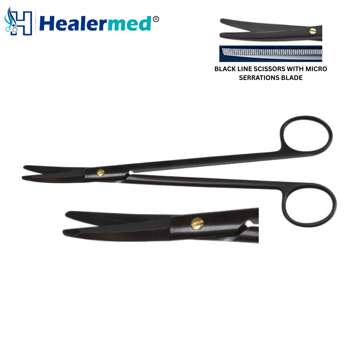 BlackTiCer Series Gorney Facelift Scissors showing matte black ceramic coated saber-back blades, micro-serrated edge, and flattened blunt tips for safe subcutaneous rhytidectomy dissection.