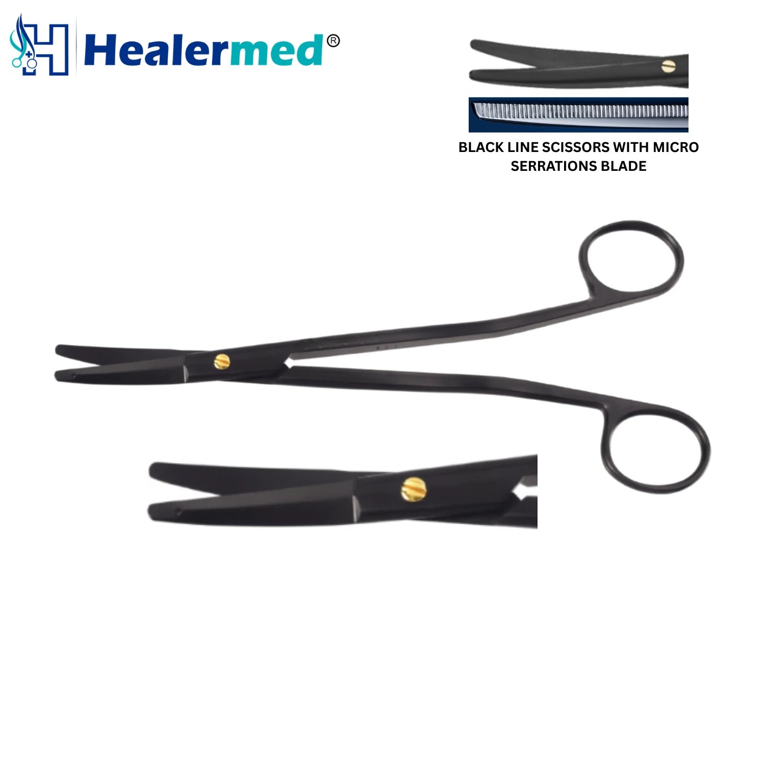 BlackTiCer Series Gorney-Freeman Facelift Scissors showcasing matte black ceramic coated saber-back blades, micro-serrated lower edge, and flattened blunt tips for plastic surgery tissue undermining.