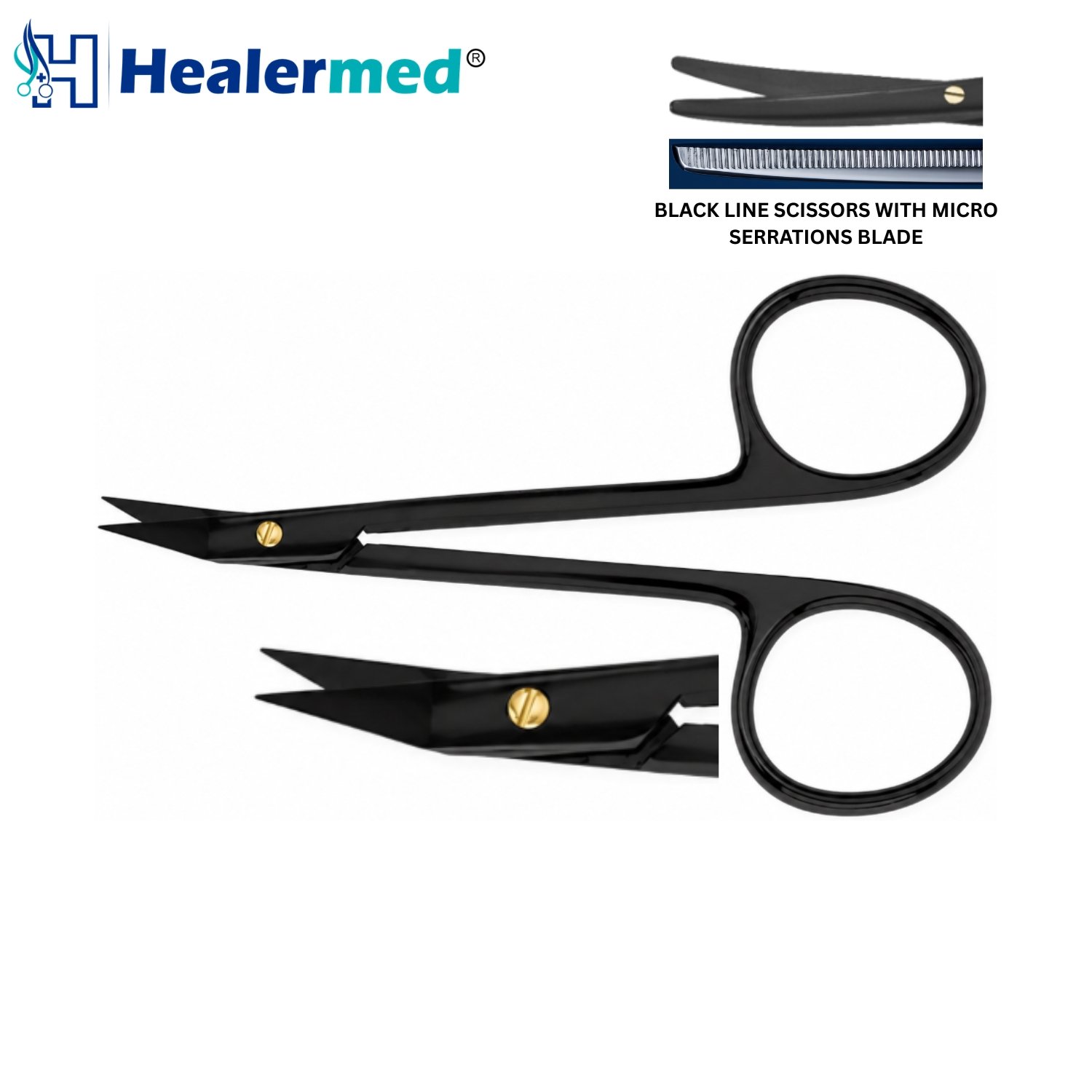 BlackTiCer Series Gunter Rhinoplasty Scissors displaying angled black ceramic coated blades, micro-serrated lower edge, and double-beveled margins for nasal tip dissection.