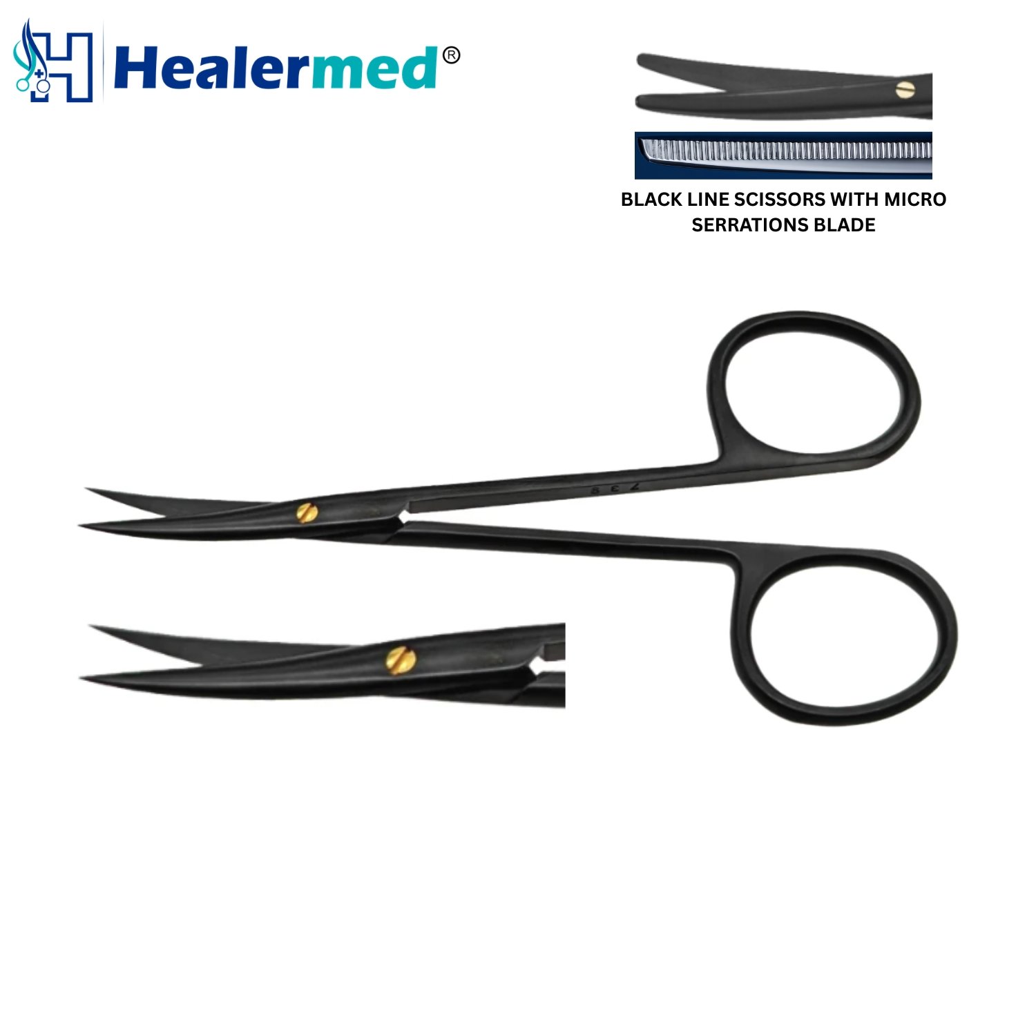 BlackTiCer Series Serrated Iris Scissors featuring ultra-sharp black ceramic coated blades and fine tips for surgical precision.