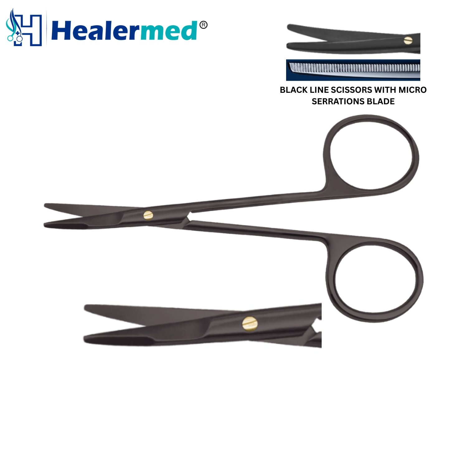 BlackTiCer Series Kaye Facelift Scissors featuring curved black ceramic coated blades, micro-serrated lower edge, and flattened tips for blepharoplasty dissection.