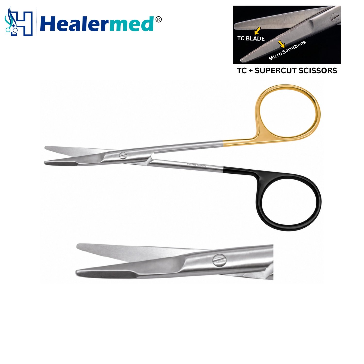Kaye Scissors Curved Serrated Supercut Plus TC featuring gold ring handles and curved micro-serrated dissecting blades