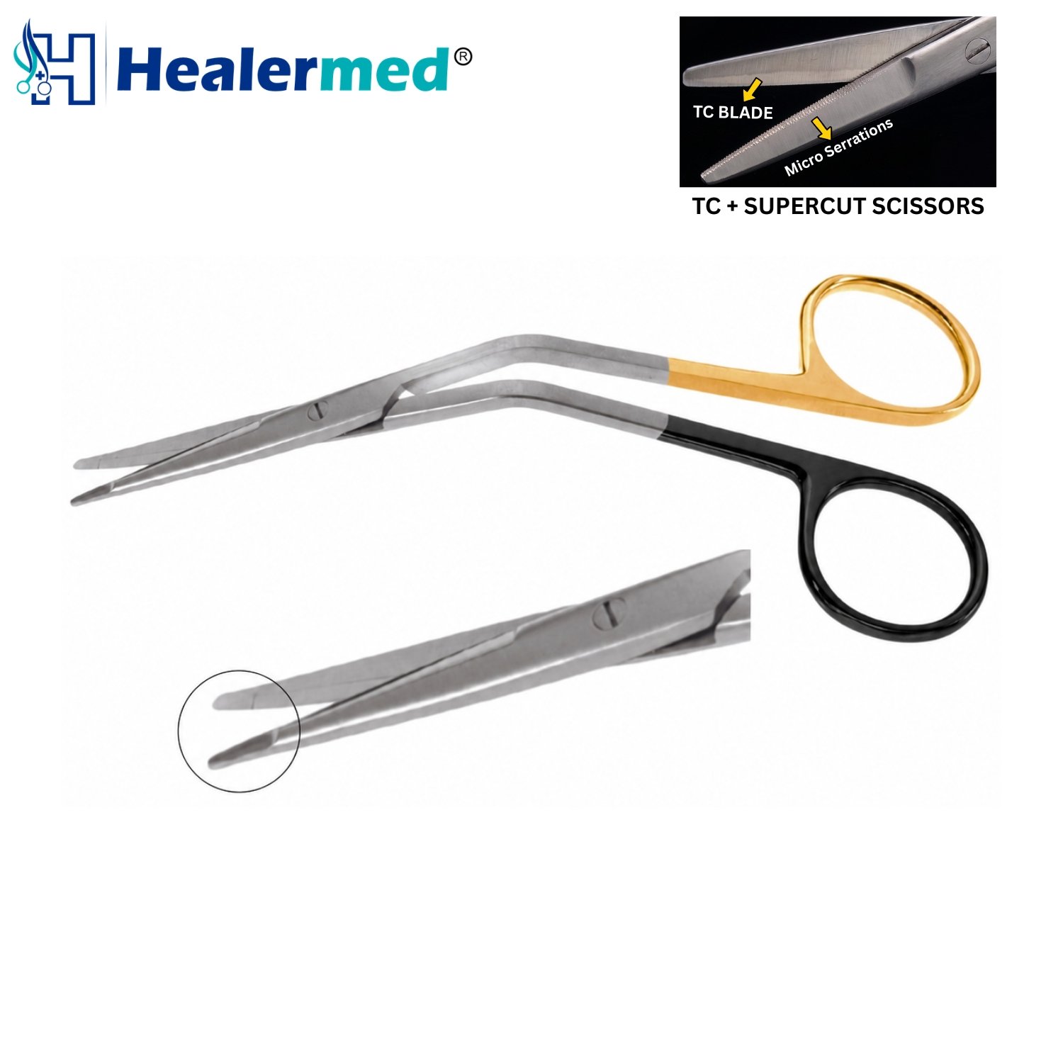 Aston Serrated Scissors with angled shanks, flattened tips, and gold-coated finger rings for Tungsten Carbide identification.