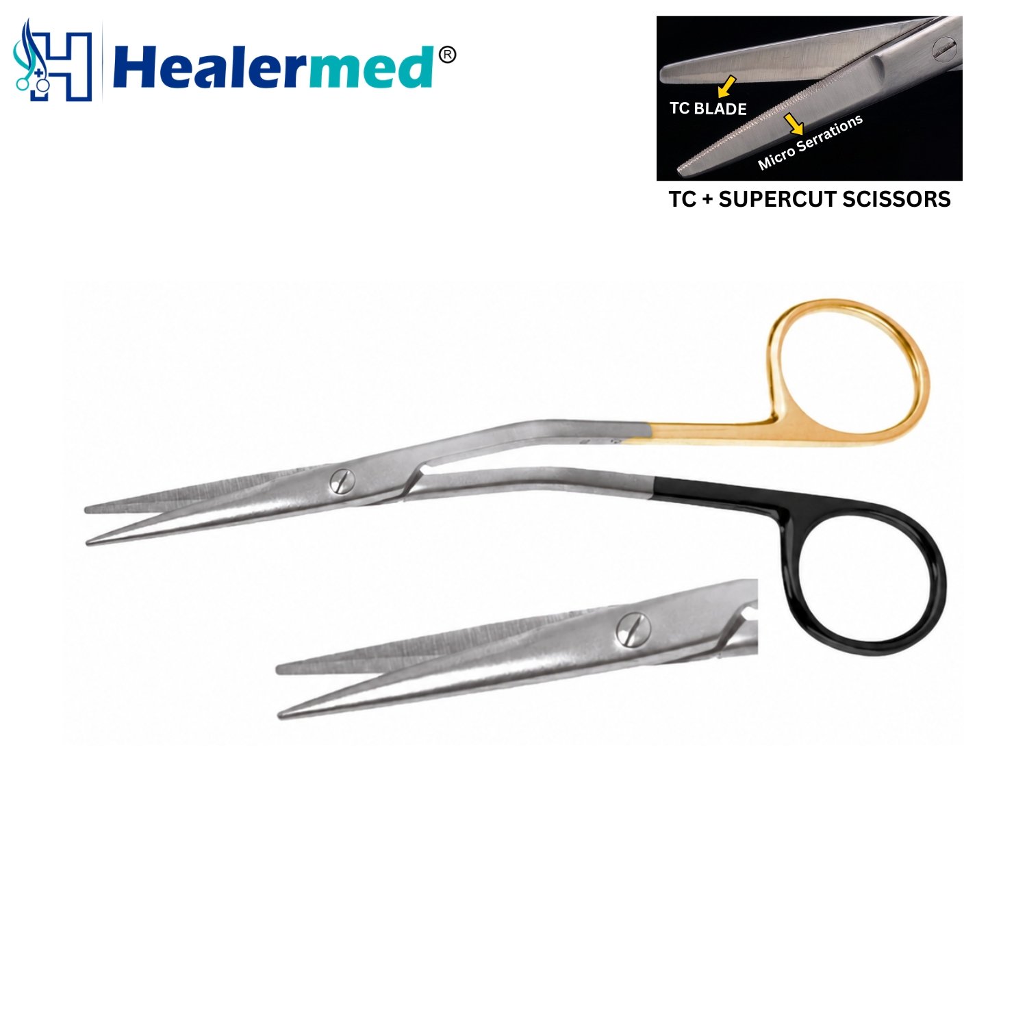 Fomon Dorsal Scissors showing the distinct lateral angle, blunt-tipped micro-serrated SuperCut blades, and gold finger ring loops.