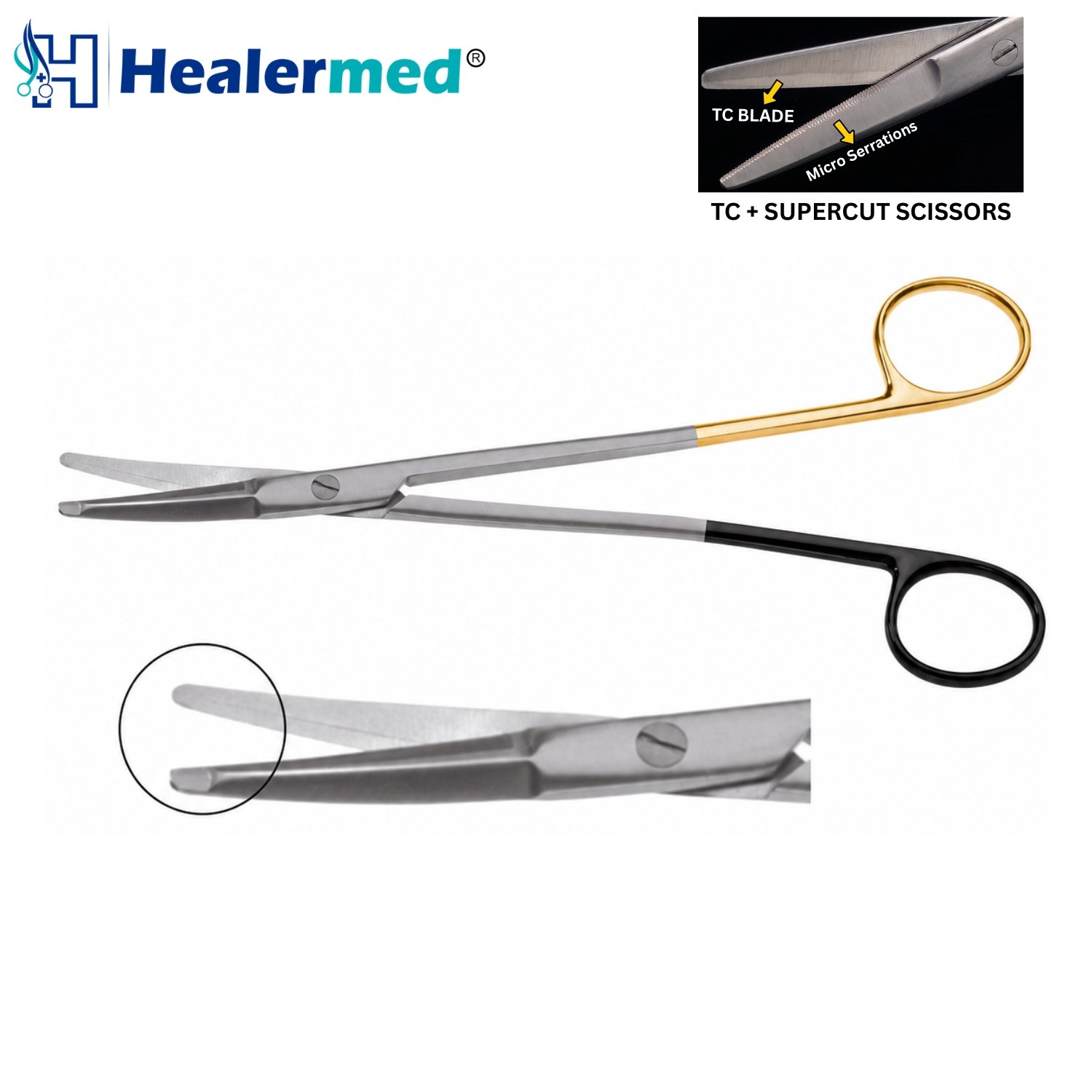 Gorney-Freeman Facelift Scissors with curved blades, micro-serrated SuperCut cutting track, and gold ring handles.