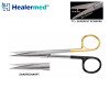Operating Scissors Straight Serrated Supercut Plus TC with one gold handle loop and one black handle loop featuring sharp-sharp straight cutting blades