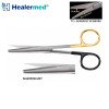 Operating Scissors Straight Serrated Supercut Plus TC with one gold handle loop and one black handle loop featuring sharp-sharp straight cutting blades