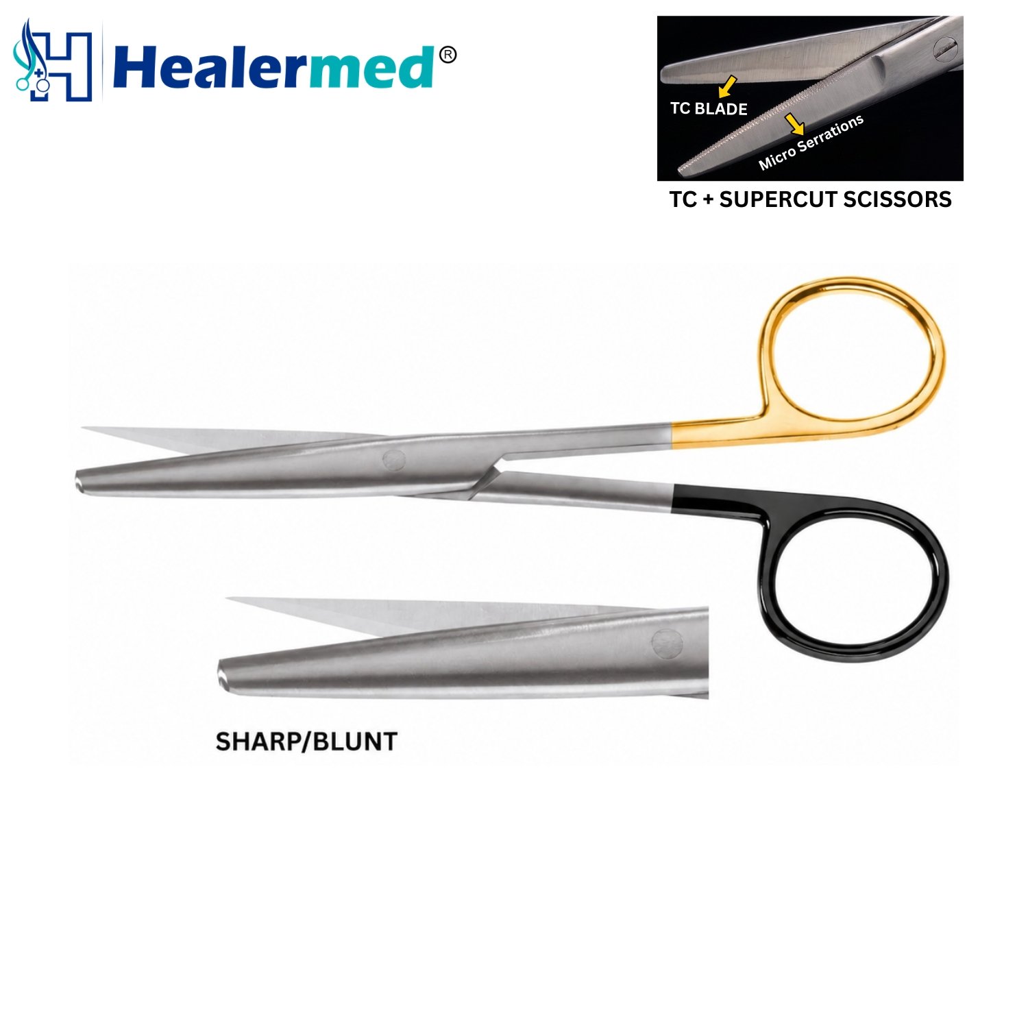 Operating Scissors Straight Serrated Supercut Plus TC with one gold handle loop and one black handle loop featuring sharp-sharp straight cutting blades