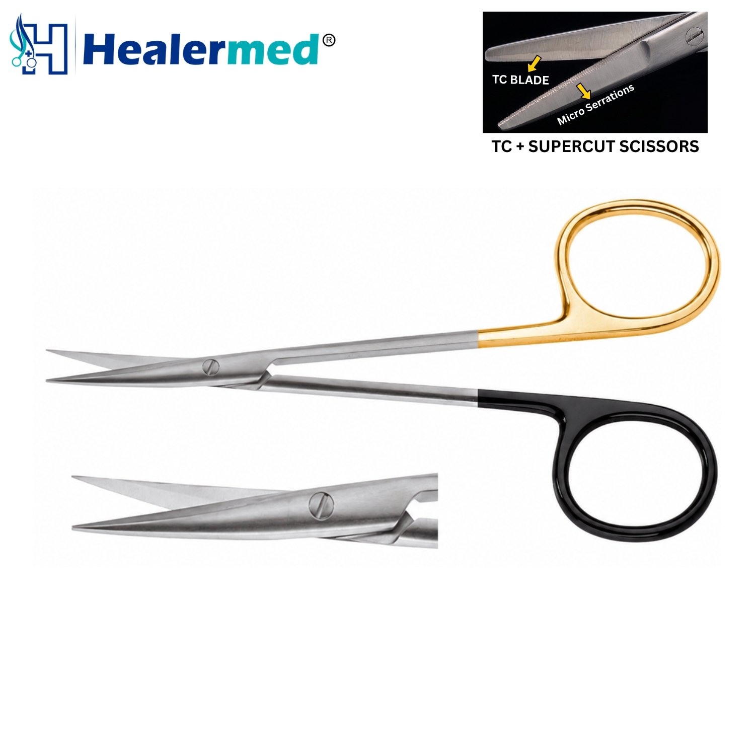 Iris Scissors Serrated Supercut Plus TC with gold handles and micro-serrated blade closeup