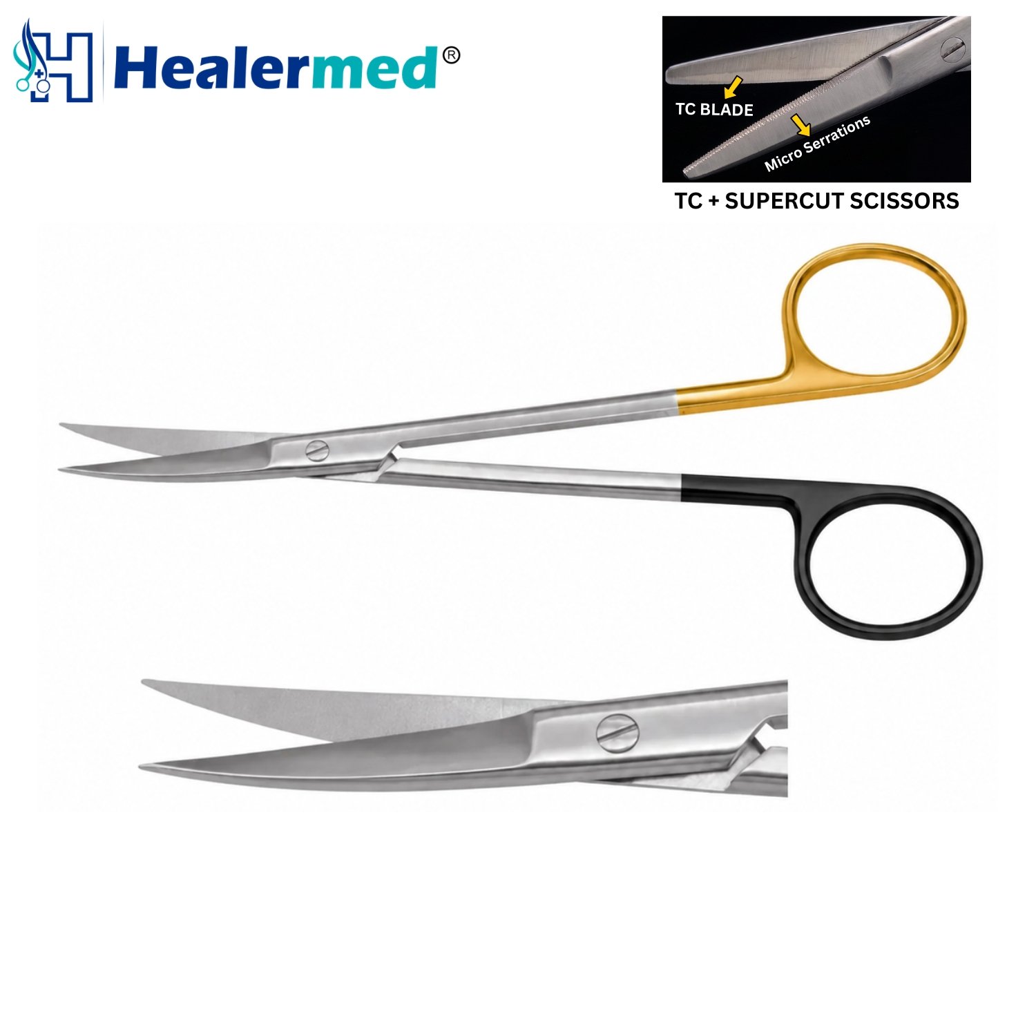 Joseph Nasal Scissors Sharp Serrated Supercut Plus TC showing gold-plated handle rings and tapered sharp micro-serrated blades