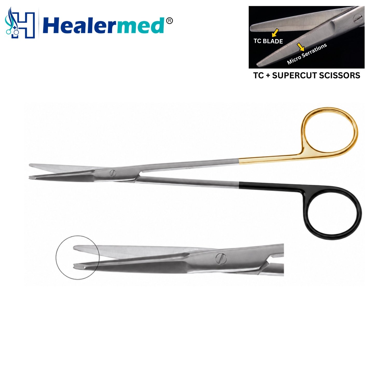 Kaye Facelift Scissors Curved Serrated Supercut Plus TC showing gold handle rings and flattened tapered tips with micro-serrations