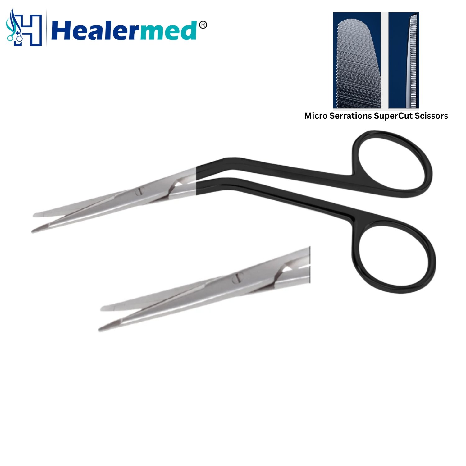 Aston SuperCut Scissors featuring 14cm angled shanks, flattened tips, and a micro-serrated lower blade for plastic surgery