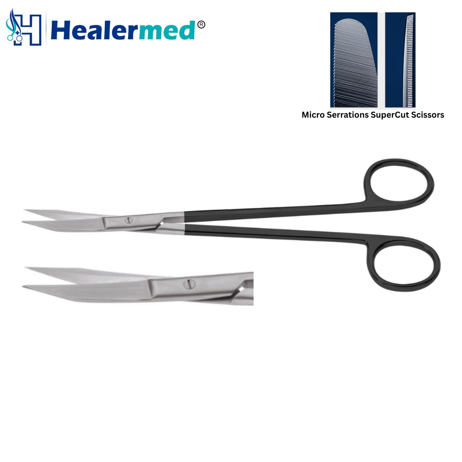 Davis Facelift SuperCut Scissors featuring 18cm curved shanks, tapered tenotomy tips, and a micro-serrated lower blade for plastic surgery dissection