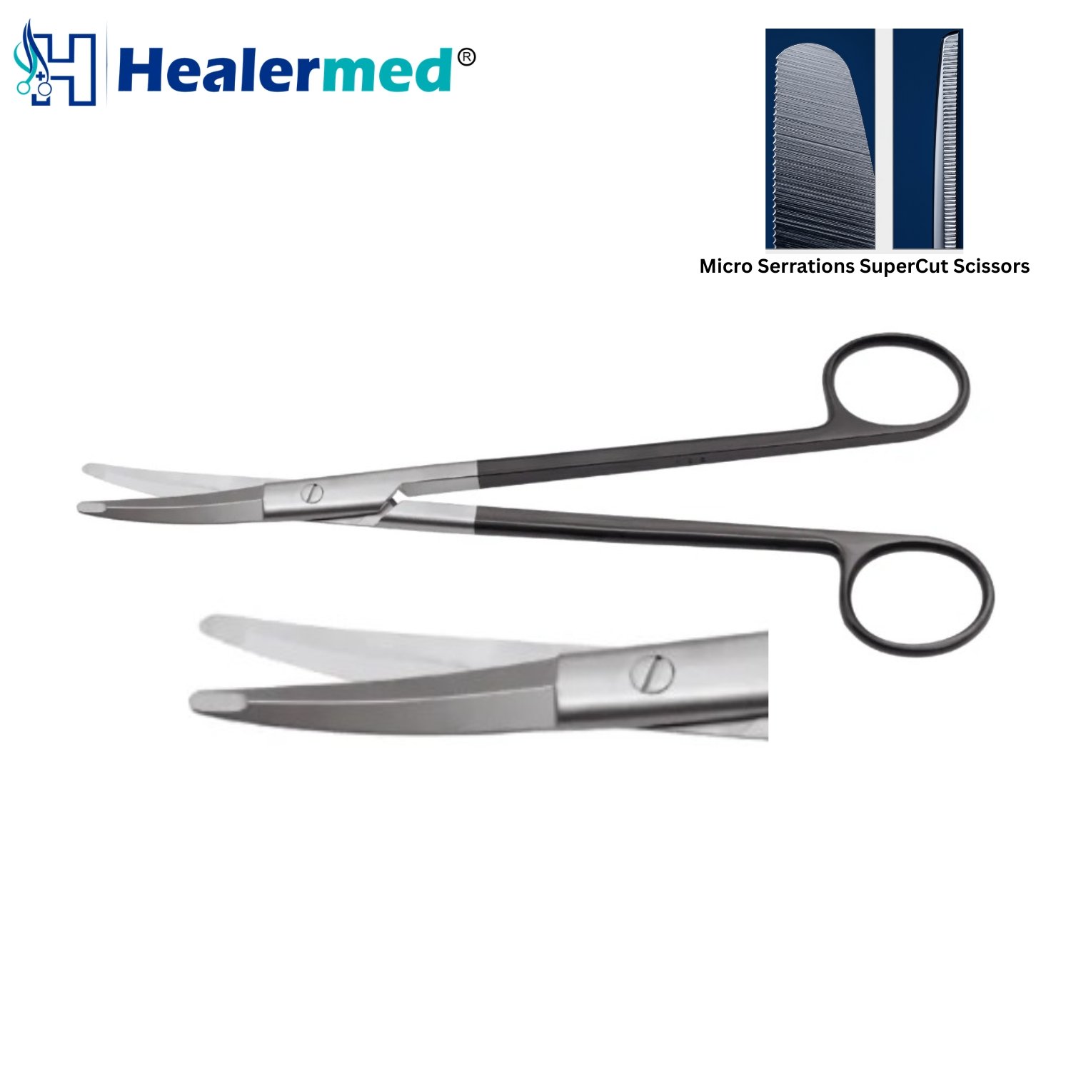 Gorney Facelift SuperCut Scissors featuring 19cm curved shanks, flat blunt tips, and a micro-serrated lower blade for plastic surgery dissection