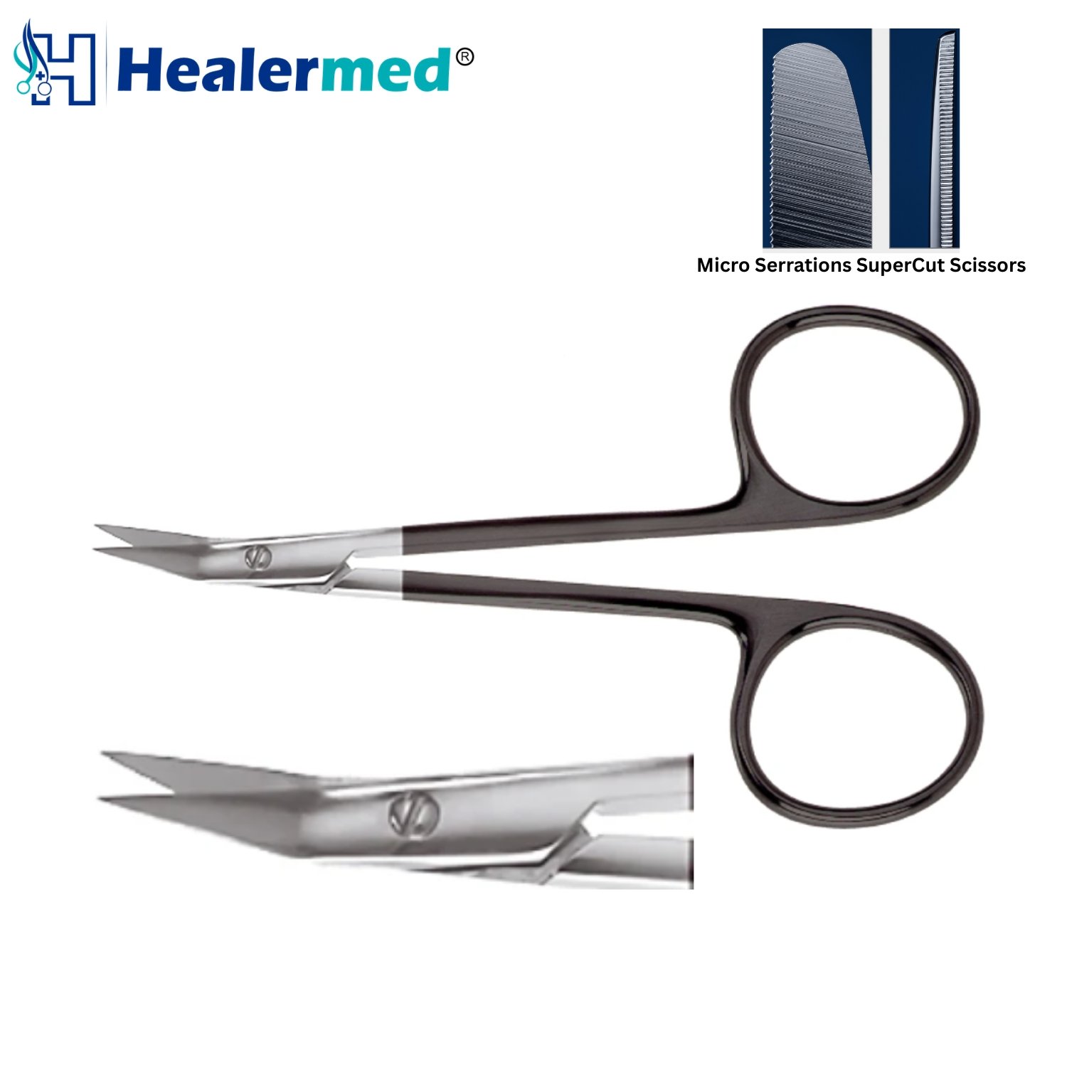 Gunter Nasal Double-Beveled SuperCut Scissors featuring 11.5cm angled shanks, double-beveled outer blades, and a micro-serrated lower blade for rhinoplasty cartilage cutting