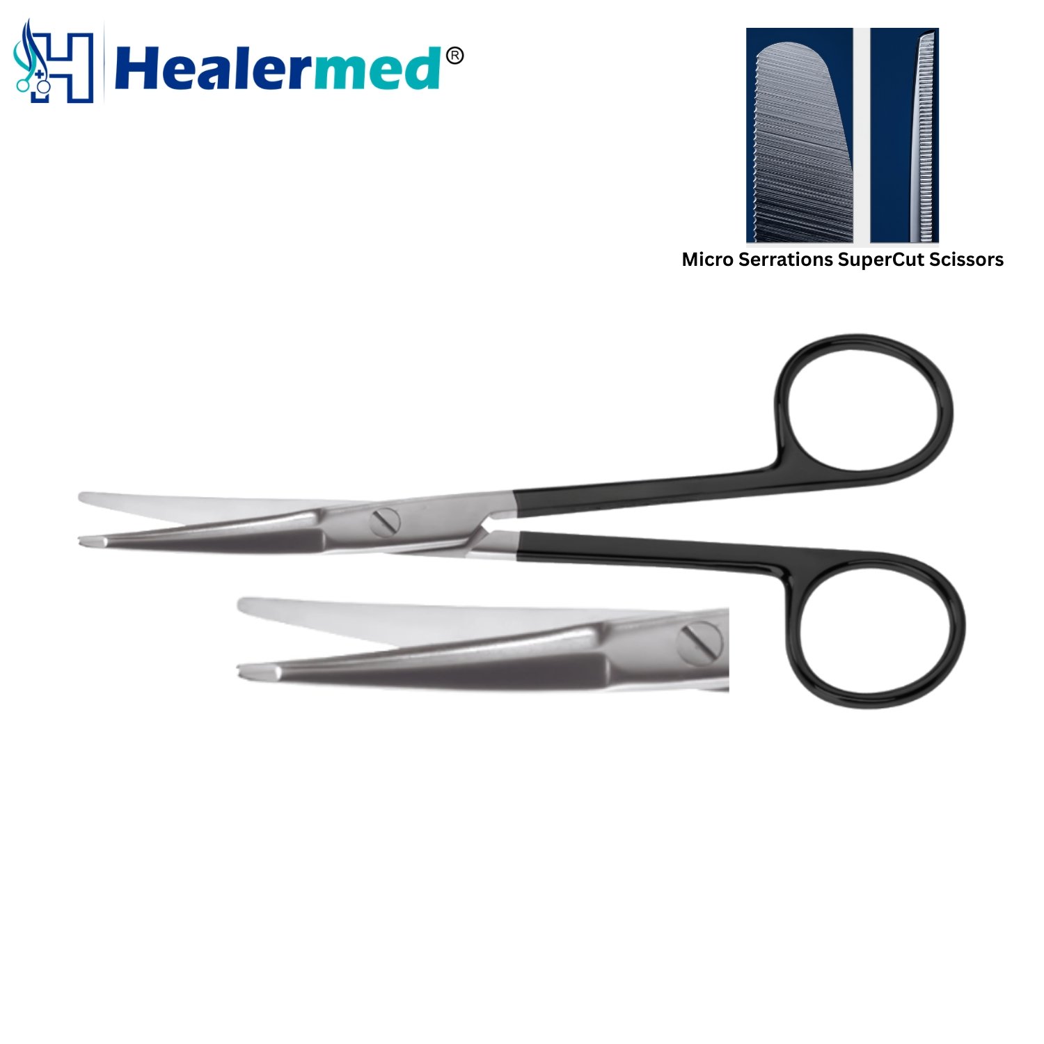 Kaye facelift supercut scissors with curved heavy blades and black ring handles for plastic surgery tissue dissection