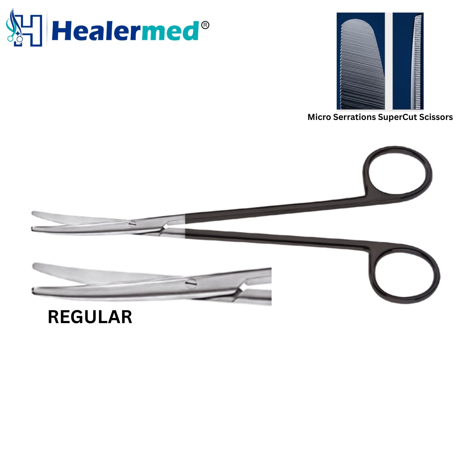 Metzenbaum curved delicate dissecting scissors displaying the long slender handles, dual black ring handles, and micro-serrated lower cutting blade.