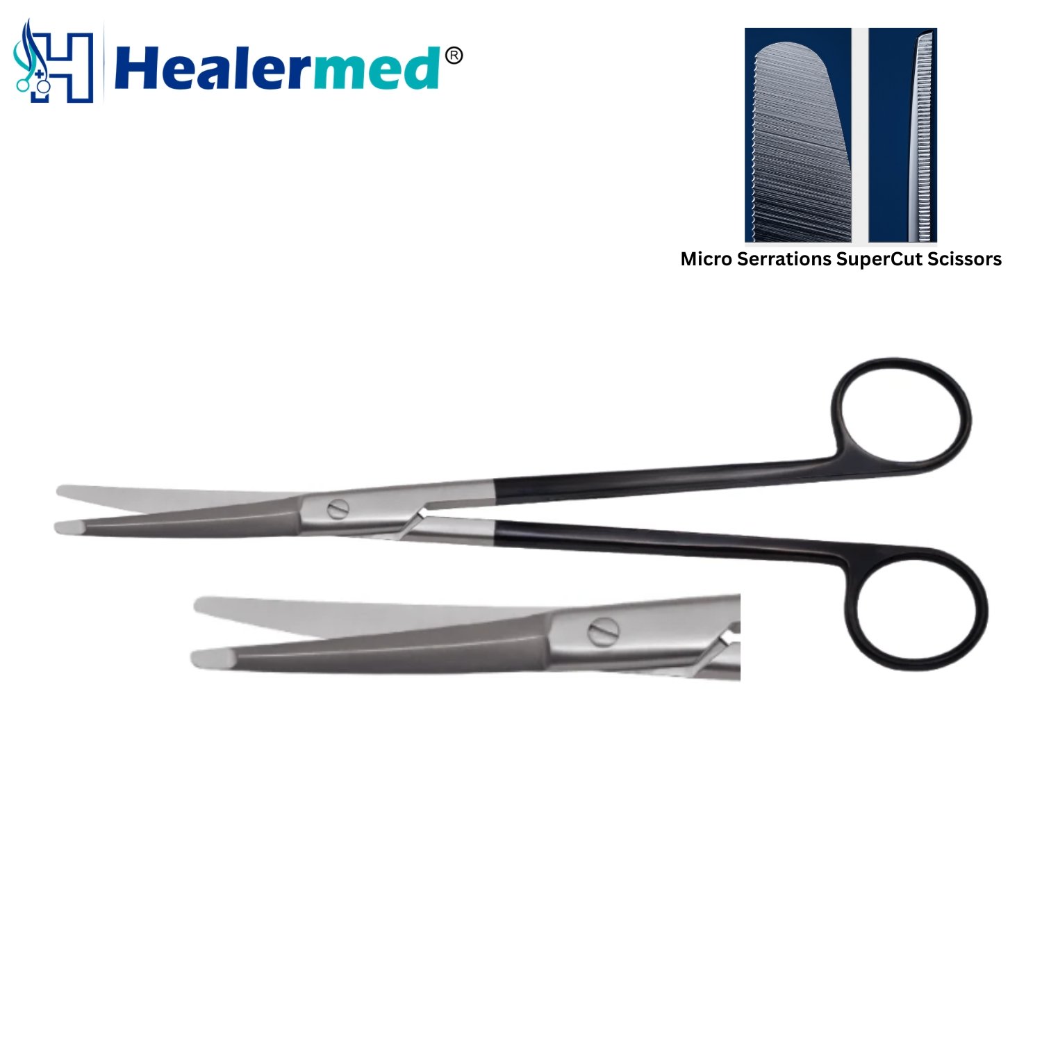 Rees curved facelift dissecting scissors showing the slender saber-back blade configuration, dual black ring handle identifiers, and micro-serrated lower cutting edge.