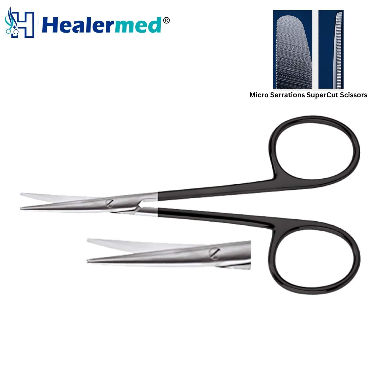 Serrated Strabismus SuperCut Scissors featuring gold and black handle loops with a detailed view of the micro-serrated blade and blunt tips.