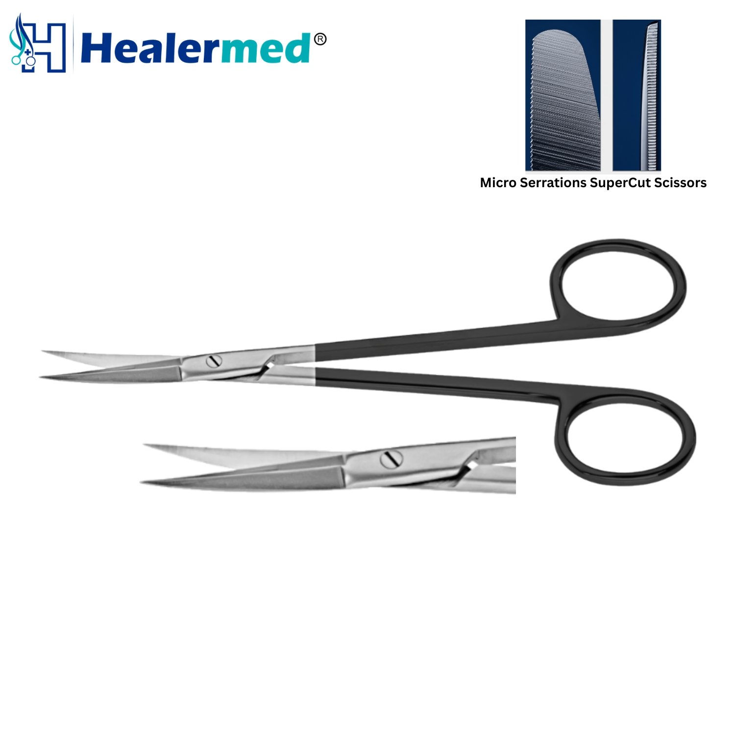 Premium Tebbetts Delicate SuperCut Dissecting Scissors with gold and black handles, showing close-up view of the slim, micro-serrated blade profile.