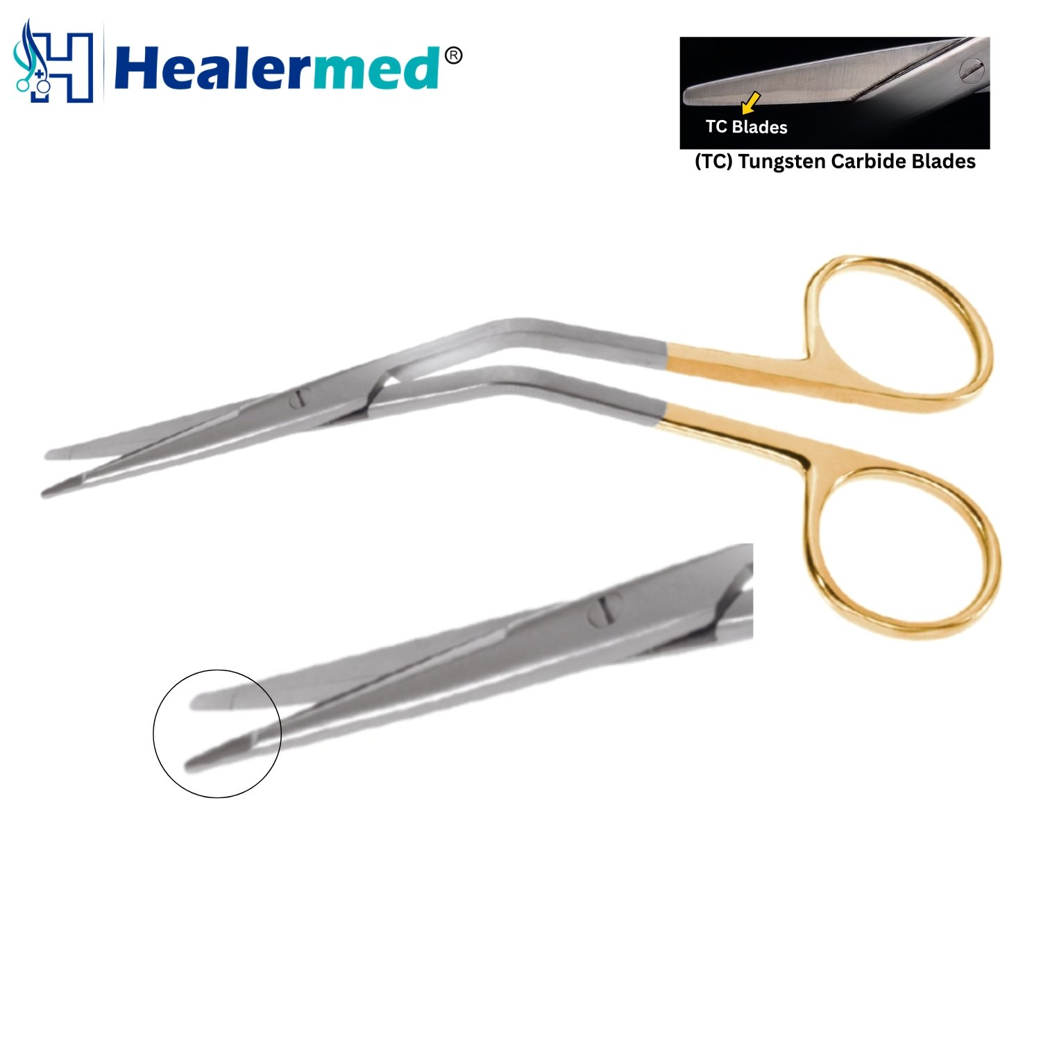 Aston Angled Serrated Scissors with Tungsten Carbide TC gold handles close-up view