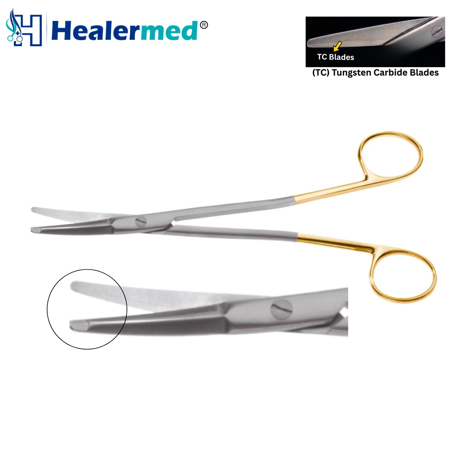 Curved Gorney-Freeman facelift scissors with gold-plated handles and tungsten carbide cutting edges.
