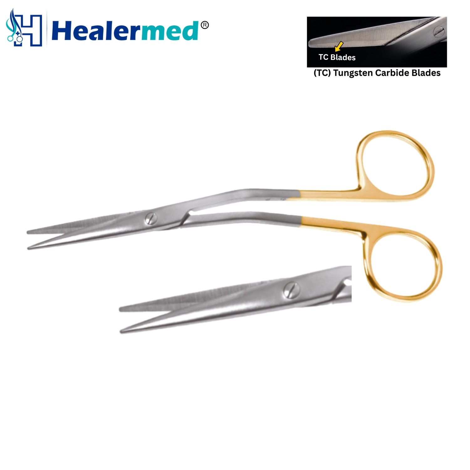 Angled Fomon nasal scissors featuring gold handles and a micro-serrated Tungsten Carbide blade for rhinoplasty surgery