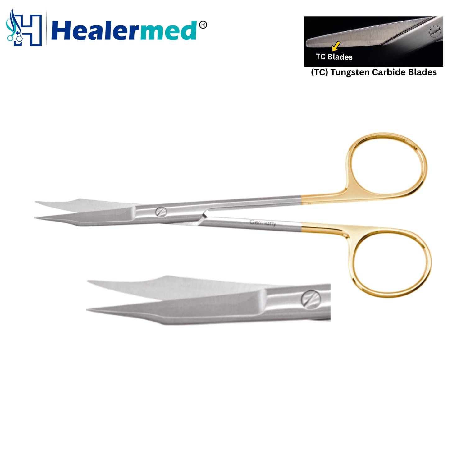 Goldman Fox dental gum scissors showing fine pointy tips, gold handle loops, and Tungsten Carbide micro-serrated edge