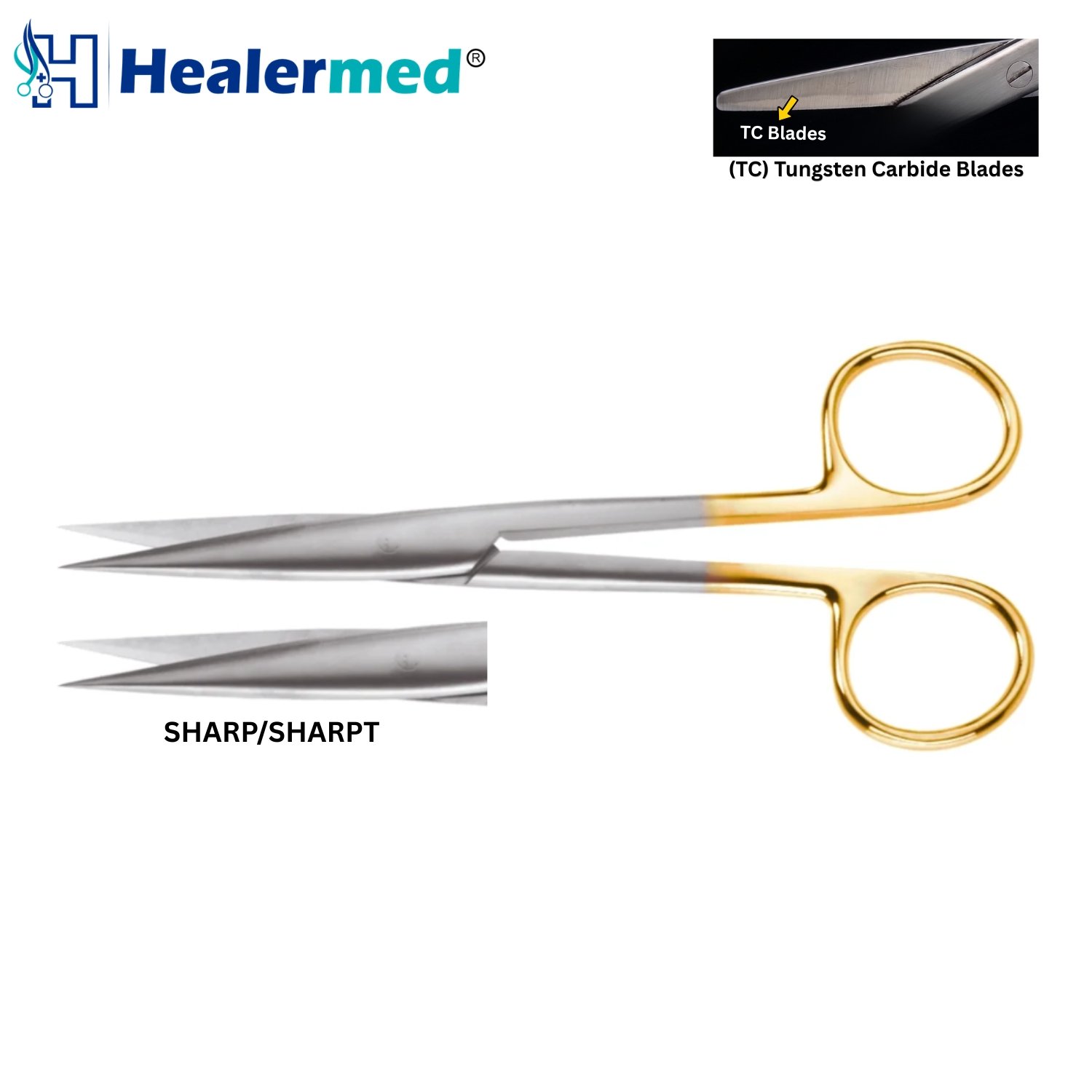 Premium straight and curved tungsten carbide operating scissors with gold handles for surgical use.