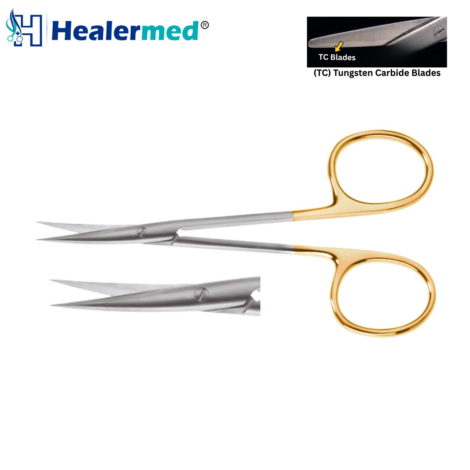 Premium 4.5 inch Tungsten Carbide Iris Scissors featuring straight and curved fine tips with gold-plated ring handles.