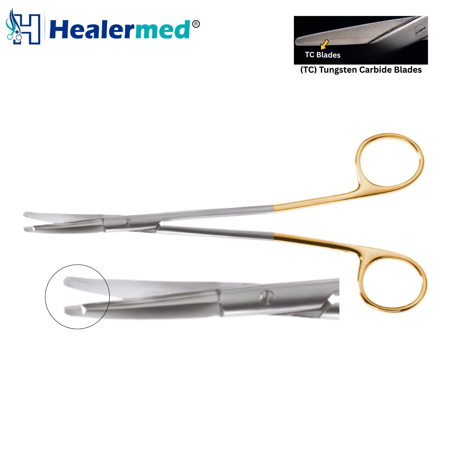 Premium 7 inch curved Kaye-Freeman facelift scissors featuring a micro-serrated blade, tungsten carbide cutting edges, and gold-plated ring handles.