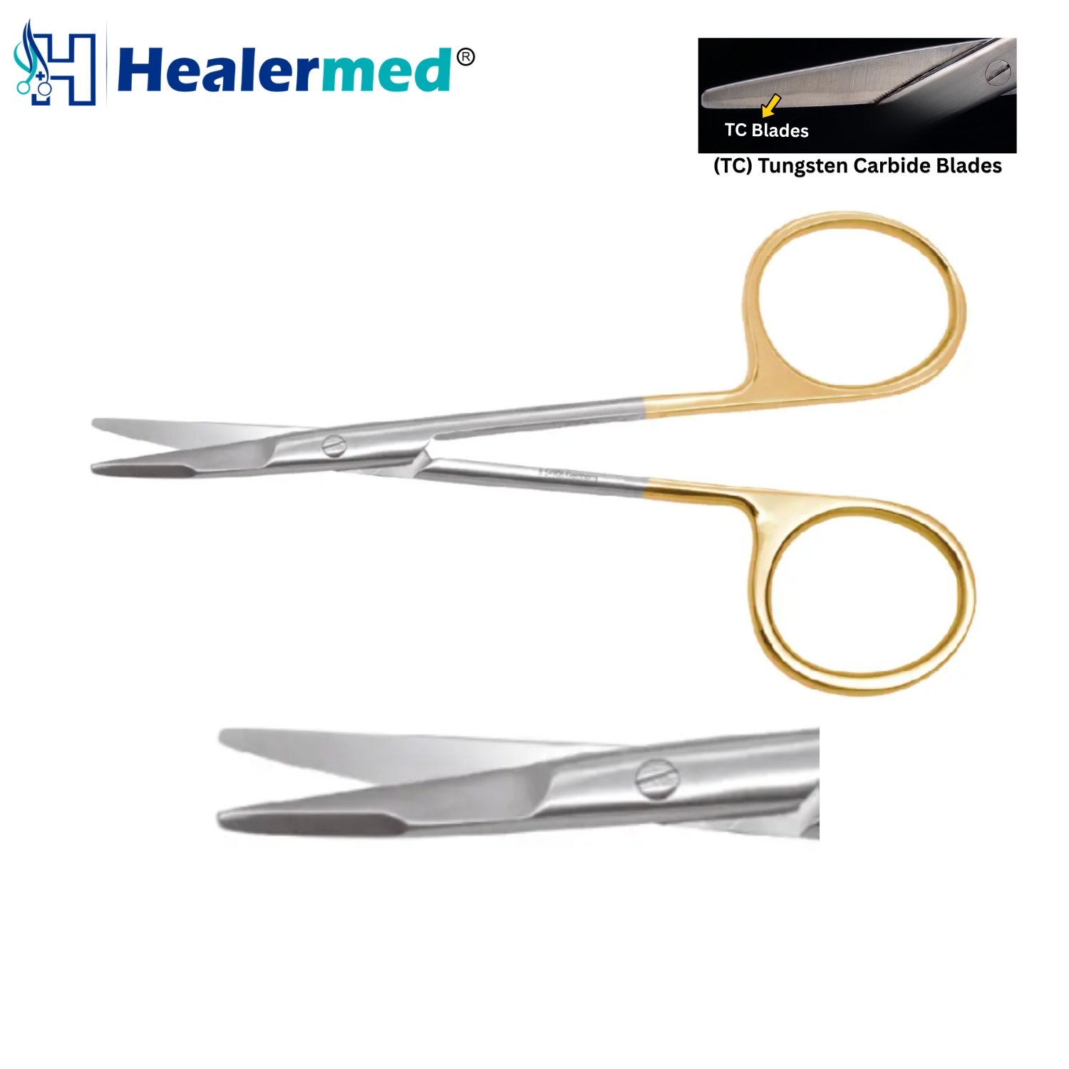 Premium 4.5 inch curved Kaye blepharoplasty scissors featuring a serrated blade, tungsten carbide cutting edges, and gold-plated ring handles.