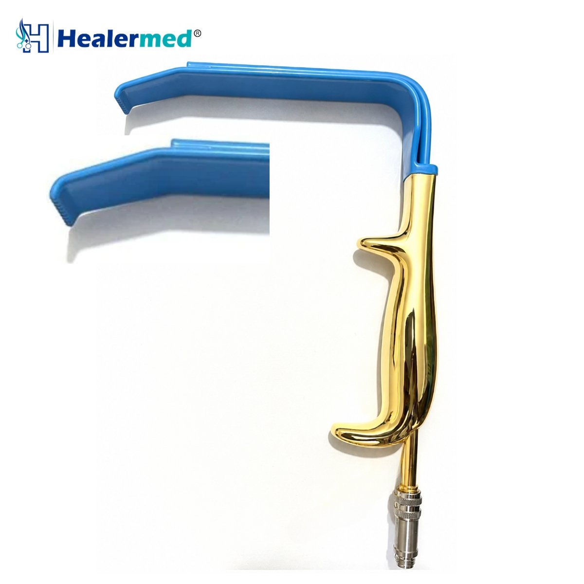 Insulated Tebbetts breast retractor with toothed blade and fiber optic light guide for plastic surgery.