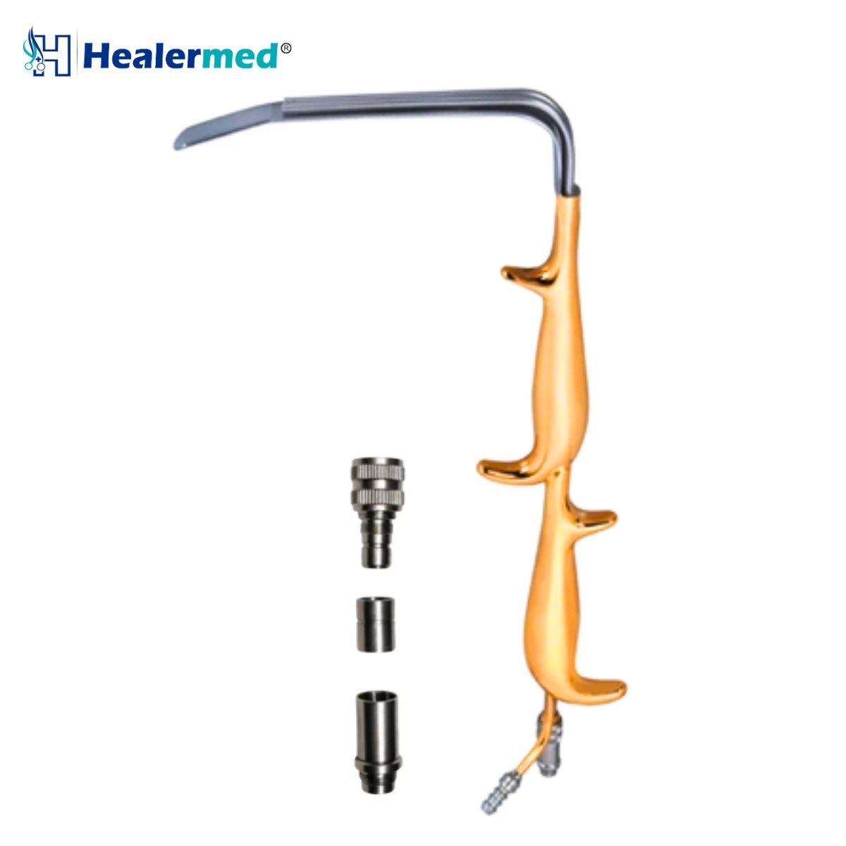 Ferreira double handle breast retractor featuring integrated fiber optic light guide channel and suction tube