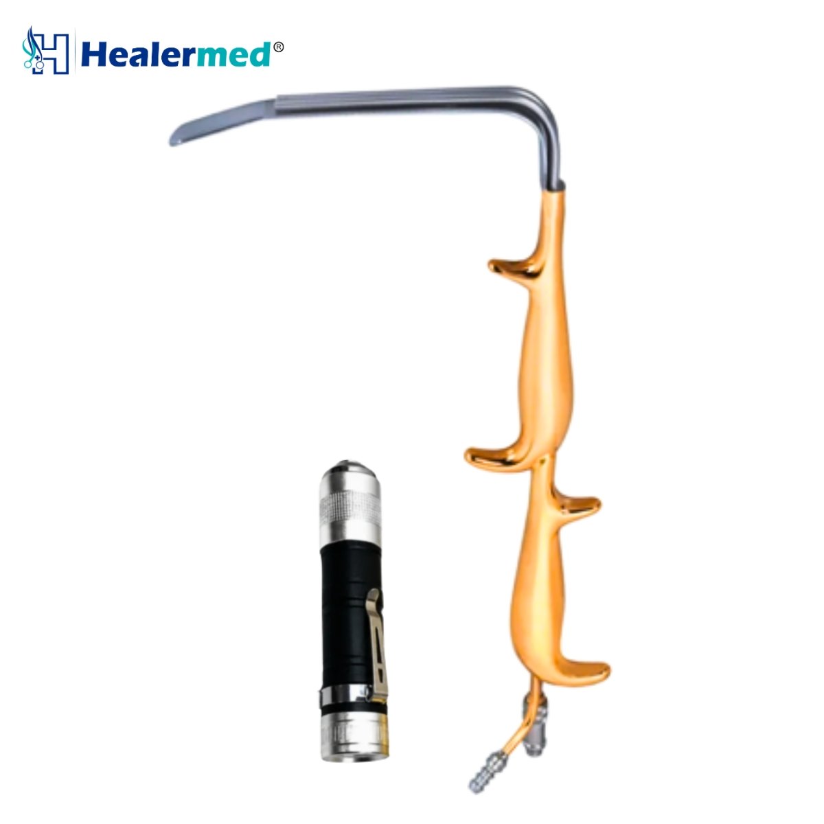 Ferreira double handle breast retractor featuring integrated fiber optic light guide channel and suction tube